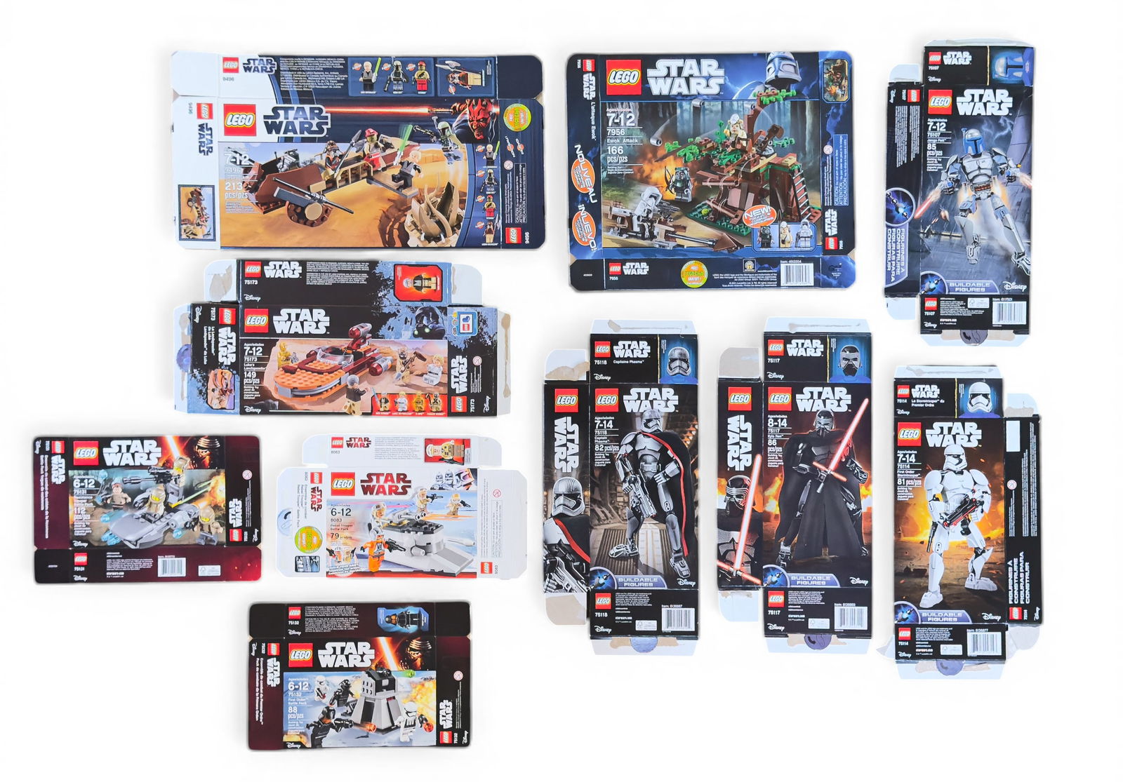 LEGO Star Wars Empty Boxes: Empty, flattened LEGO Star Wars set boxes. Includes packaging for various sets such as 75133, 75151, 75197, and others. No LEGO pieces or instructions included, box only.