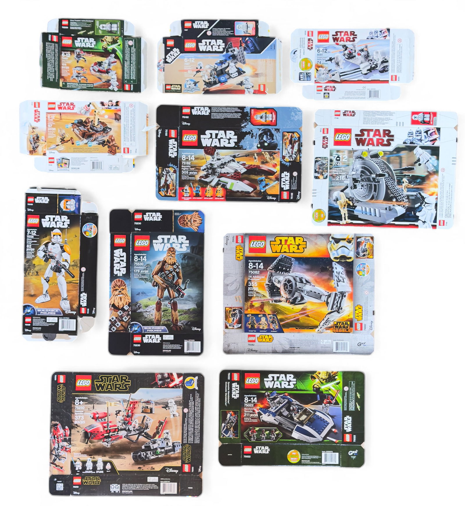 LEGO Star Wars Empty Box Collection: 11 flattened and empty LEGO Star Wars boxes from various sets, including Clone Troopers, TIE Fighters, Mandalorian Speeder, Republic Fighter Tank, and more. Each box retains its original printed graph