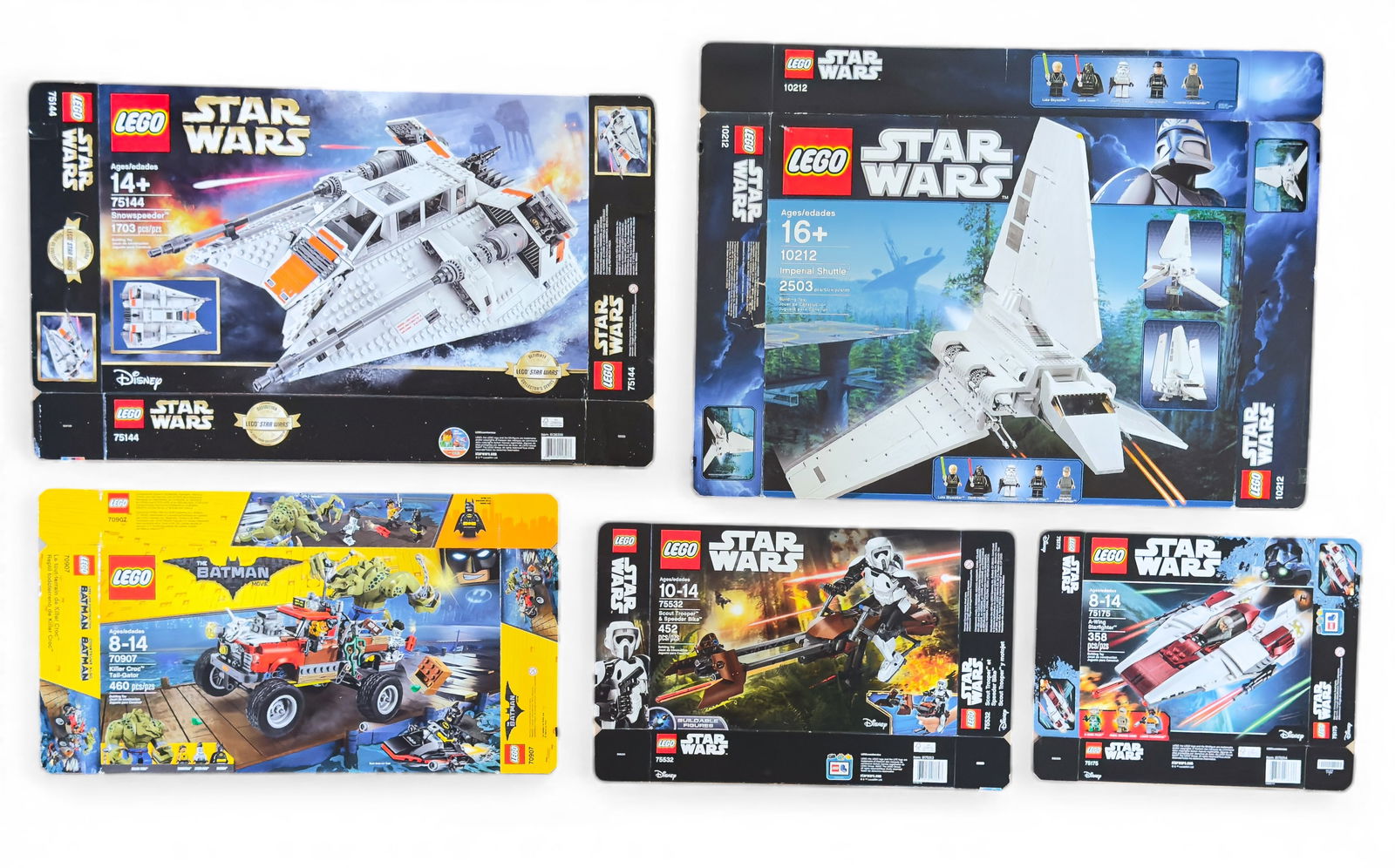 Flattened LEGO Set Boxes - Star Wars and Batman: Five empty and flattened LEGO boxes, including sets from the Star Wars and Batman series: A-Wing Starfighter (75175), Scout Trooper & Speeder Bike (75532), Killer Croc Tail-Gator (70907), Imperial