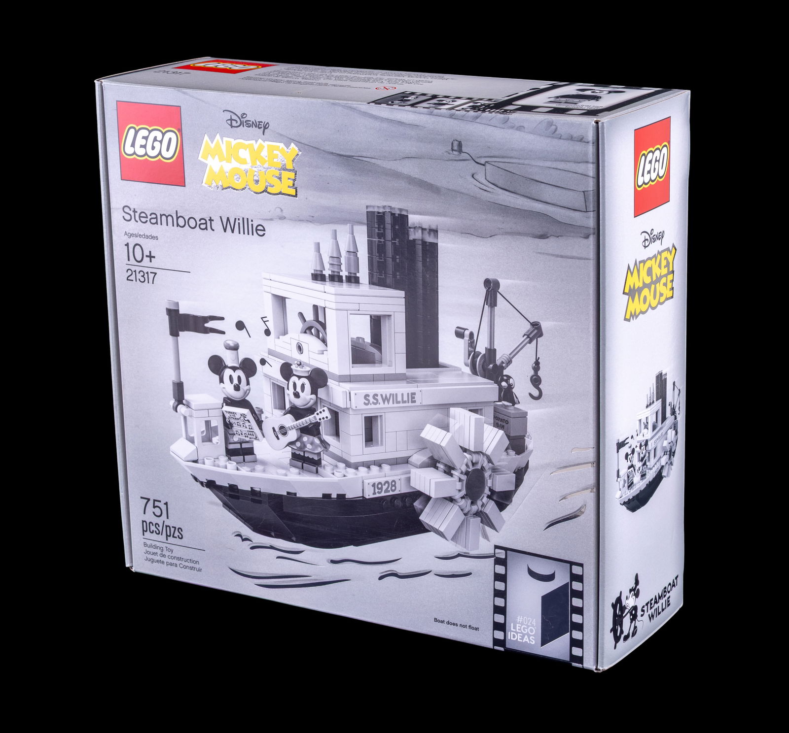 LEGO Ideas Steamboat Willie Set 21317: LEGO Ideas Steamboat Willie set number 21317. Includes 751 pieces and is recommended for ages 10 and up. Features Disney's Mickey Mouse and Minnie Mouse minifigures. The set is new in its unopened box