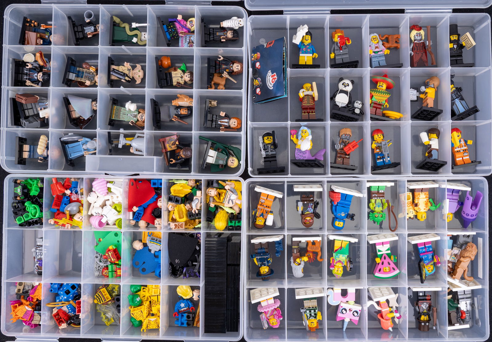 4 Containers of LEGO Minifigures: Includes four compartmentalized containers of LEGO minifigures with labeled sets. Containers feature themed characters such as a full set of 'Harry Potter' minifigures, a full set from 'The LEGO Movie