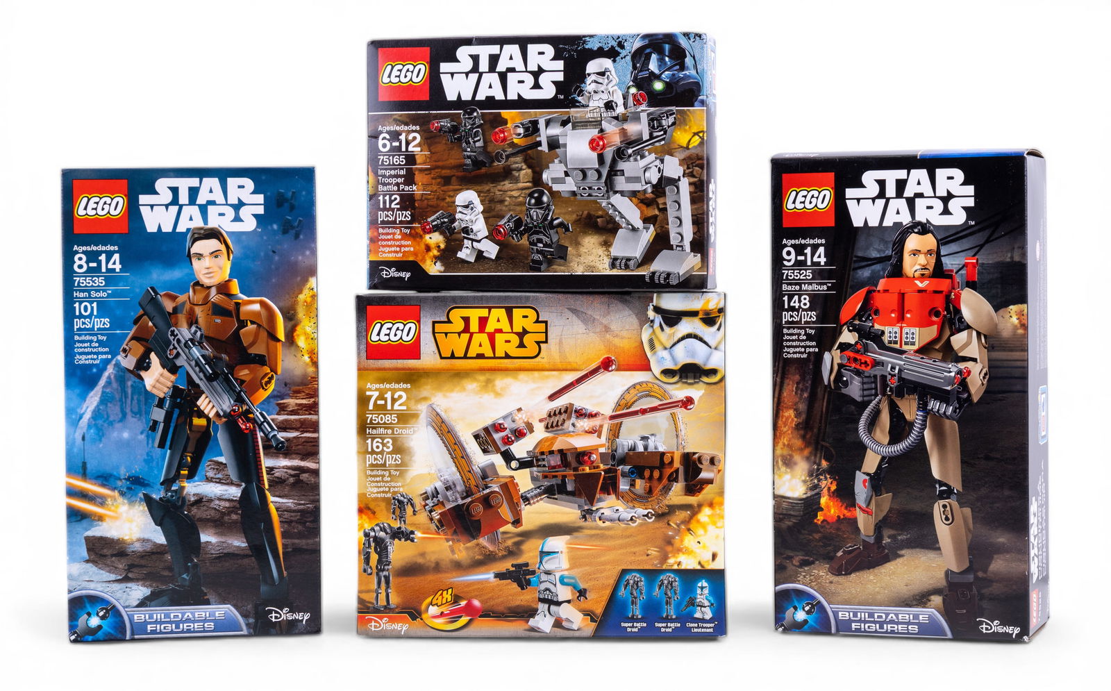 LEGO Star Wars New in Box Lot of 4 Sets: Four LEGO Star Wars sets, all factory-sealed (NIB). Includes Baze Malbus (75525, 148 pieces), Han Solo (75535, 101 pieces), General Grievous Combat Speeder (75085, 163 pieces), and Imperial Battle Pac