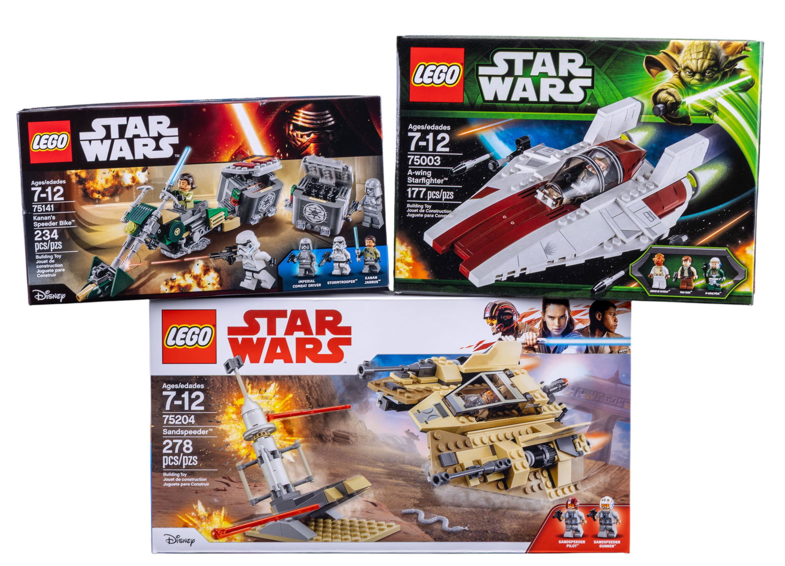LEGO Star Wars NIB Lot of 3 Sets: Three NIB LEGO Star Wars sets: 75141 Kanan's Speeder Bike (234 pieces), 75003 A-Wing Starfighter (177 pieces), and 75204 Sandspeeder (278 pieces). Each set is sealed and includes minifigures and acces