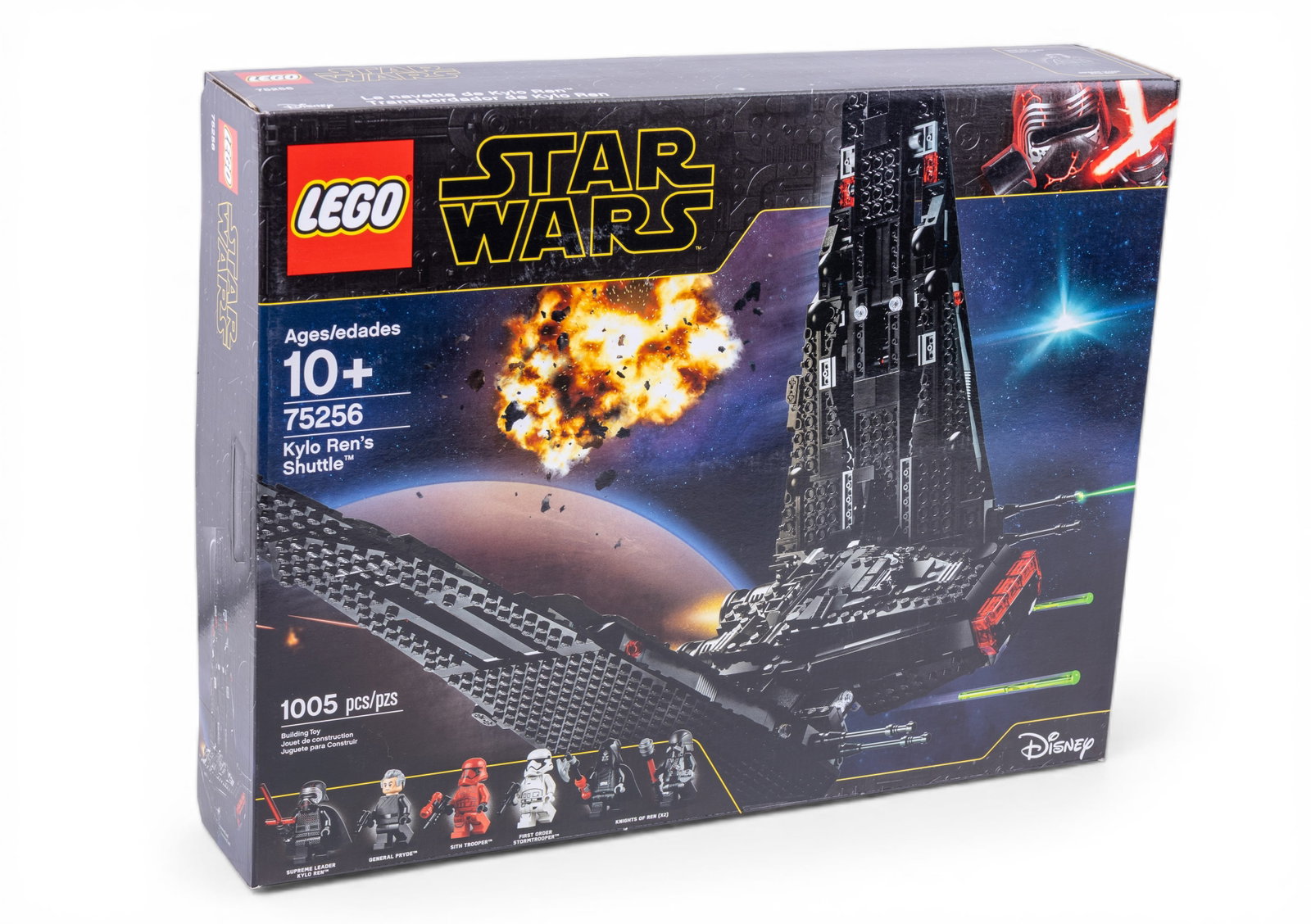 LEGO Star Wars Kylo Ren's Shuttle 75256 NIB: LEGO Star Wars set 75256, Kylo Ren's Shuttle, factory-sealed in its original box (NIB). Contains 1,005 pieces and is recommended for ages 10 and up. Box art features the completed shuttle and included