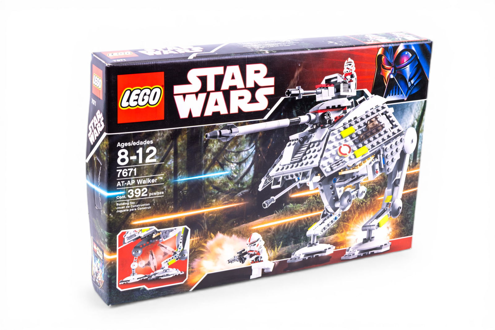 LEGO Star Wars 7671 AT-AP Walker, New in Box: LEGO Star Wars set 7671 AT-AP Walker, featuring 392 pieces. Includes minifigures and detailed vehicle components. Packaging is sealed and unopened, indicating new condition. Set is designed for ages 8