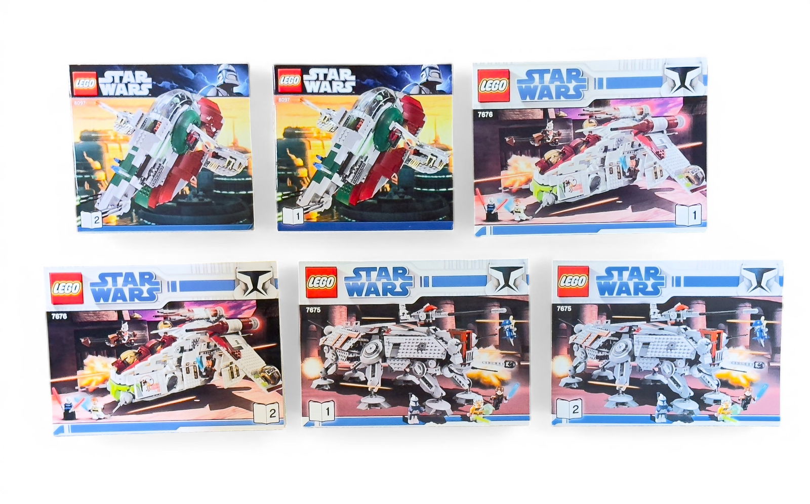 LEGO Star Wars Instruction Manual Lot: Three LEGO Star Wars instruction manual sets, including manuals for set numbers 8097, 7675, and 7676. Each manual corresponds to specific Star Wars models, featuring complete assembly instructions.