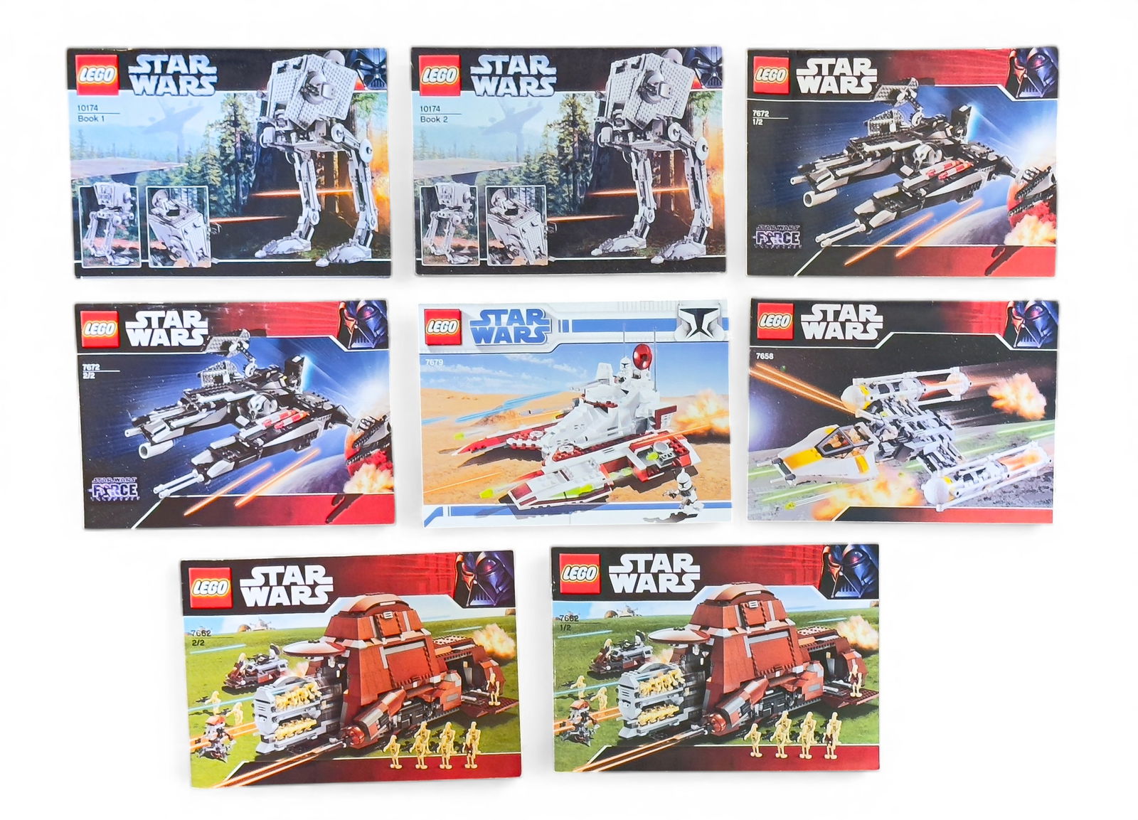LEGO Star Wars Instruction Booklets / Manuals: LEGO Star Wars instruction manuals for various sets, including models like AT-AT (10174), TIE Fighter (7152), Republic Gunship (7676), Y-Wing (7658), and Droid Gunship (7662).
