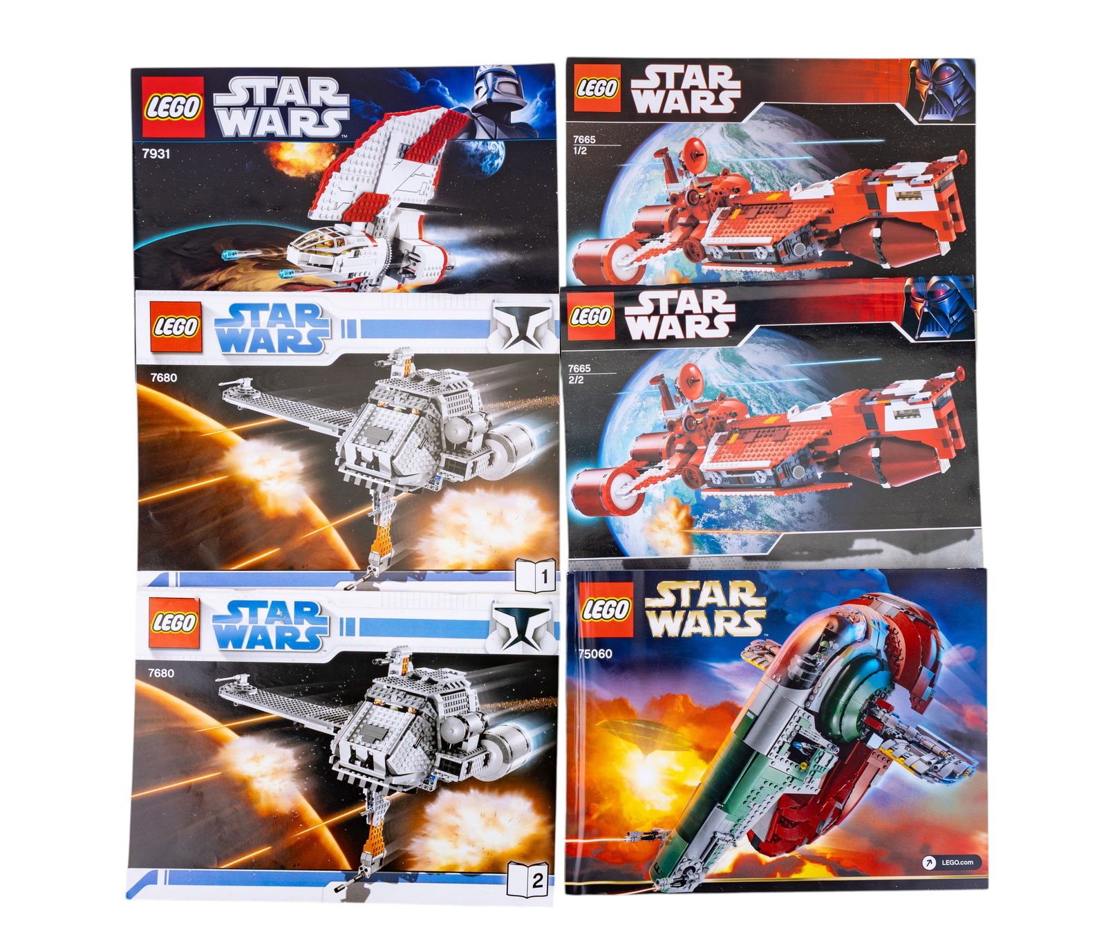 LEGO Star Wars Instruction Booklets Assortment: Instruction booklets for LEGO Star Wars sets, including models 15060 (Slave I), 7865 (Crimson Ship), 7860 (Satellite Launcher), and 7931 (Jedi Shuttle).