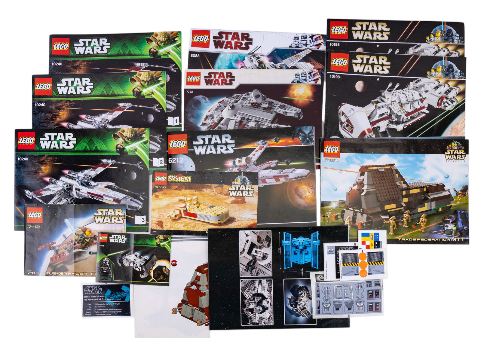 LEGO Star Wars Instruction Booklets / Manuals: LEGO Star Wars instruction booklets, including manuals for iconic models such as the Millennium Falcon (7778), X-Wing Starfighter (6212), Republic Cruiser (7665), and Landspeeder. Various stickers and