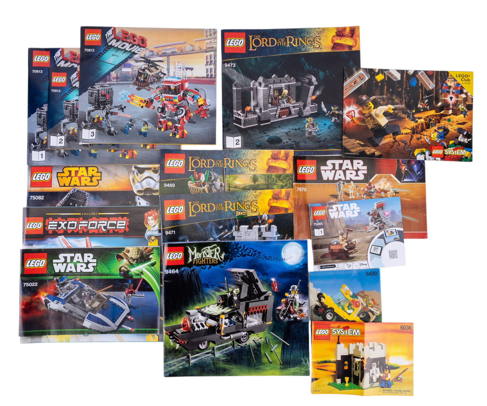LEGO Instruction Booklets: LEGO instruction booklets, including sets from themes like Star Wars, Lord of the Rings, Monster Fighters, Exo-Force, and classic LEGO System. Multiple booklets feature detailed assembly instructions
