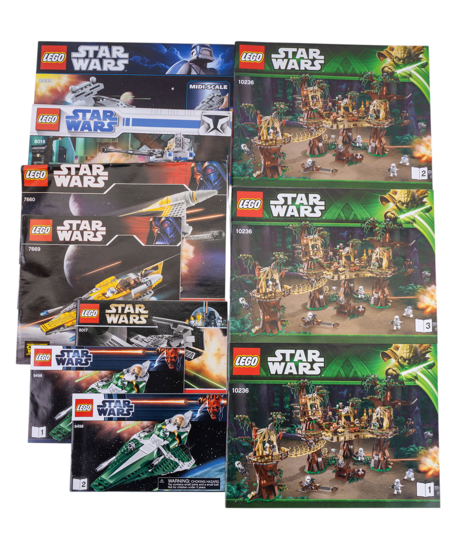 LEGO Star Wars Instruction Booklets / Manuals: Instruction booklets for LEGO Star Wars sets, including manuals for iconic sets such as Naboo Starfighter (7877) and Ewok Village (10236). Various booklets from multiple sets are included, featuring d