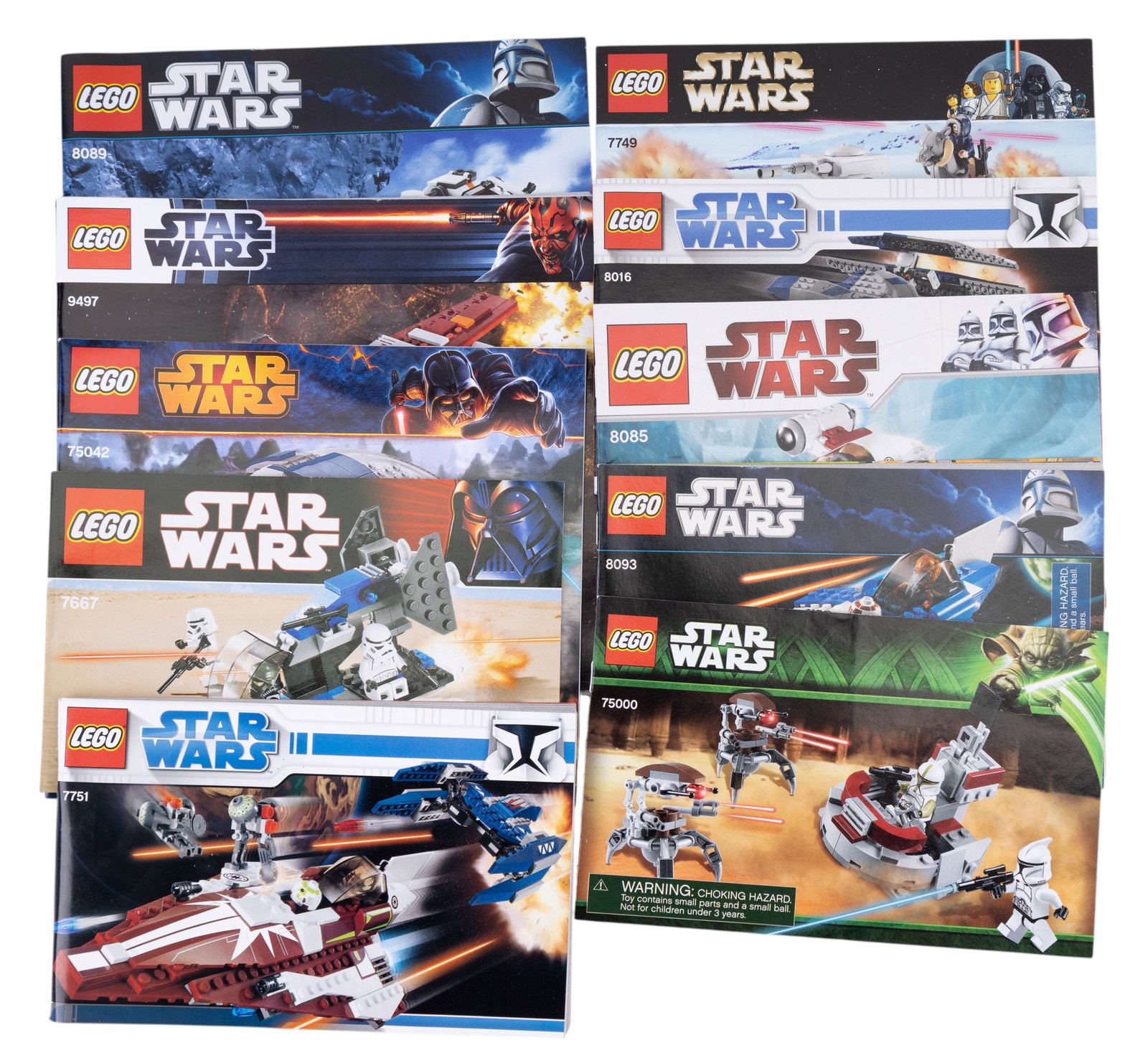 LEGO Star Wars Instruction Booklets: LEGO Star Wars instruction booklets featuring various models, including spaceships and vehicles.