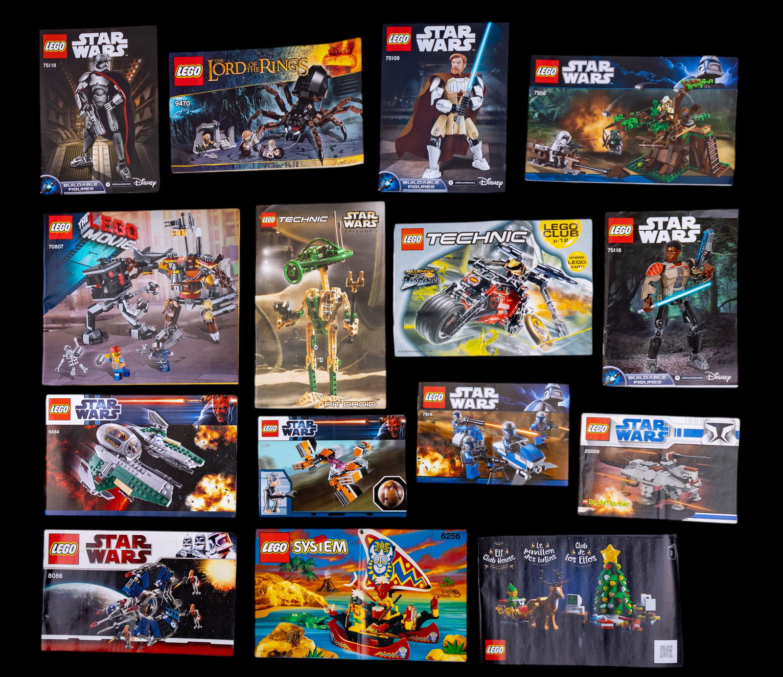LEGO Instruction Booklets: LEGO instruction booklets, including sets from popular themes such as Star Wars, Technic, and Lord of the Rings. Titles include various Star Wars sets featuring notable ships and characters (X-Wing, B