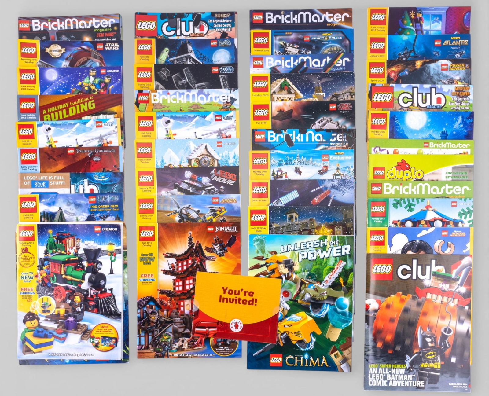 40 LEGO Catalogs and Magazines: 40 LEGO catalogs and magazines, including titles such as LEGO Holiday and season catalogs, LEGO BrickMaster magazine, and LEGO Club editions. Issues feature content such as product previews,