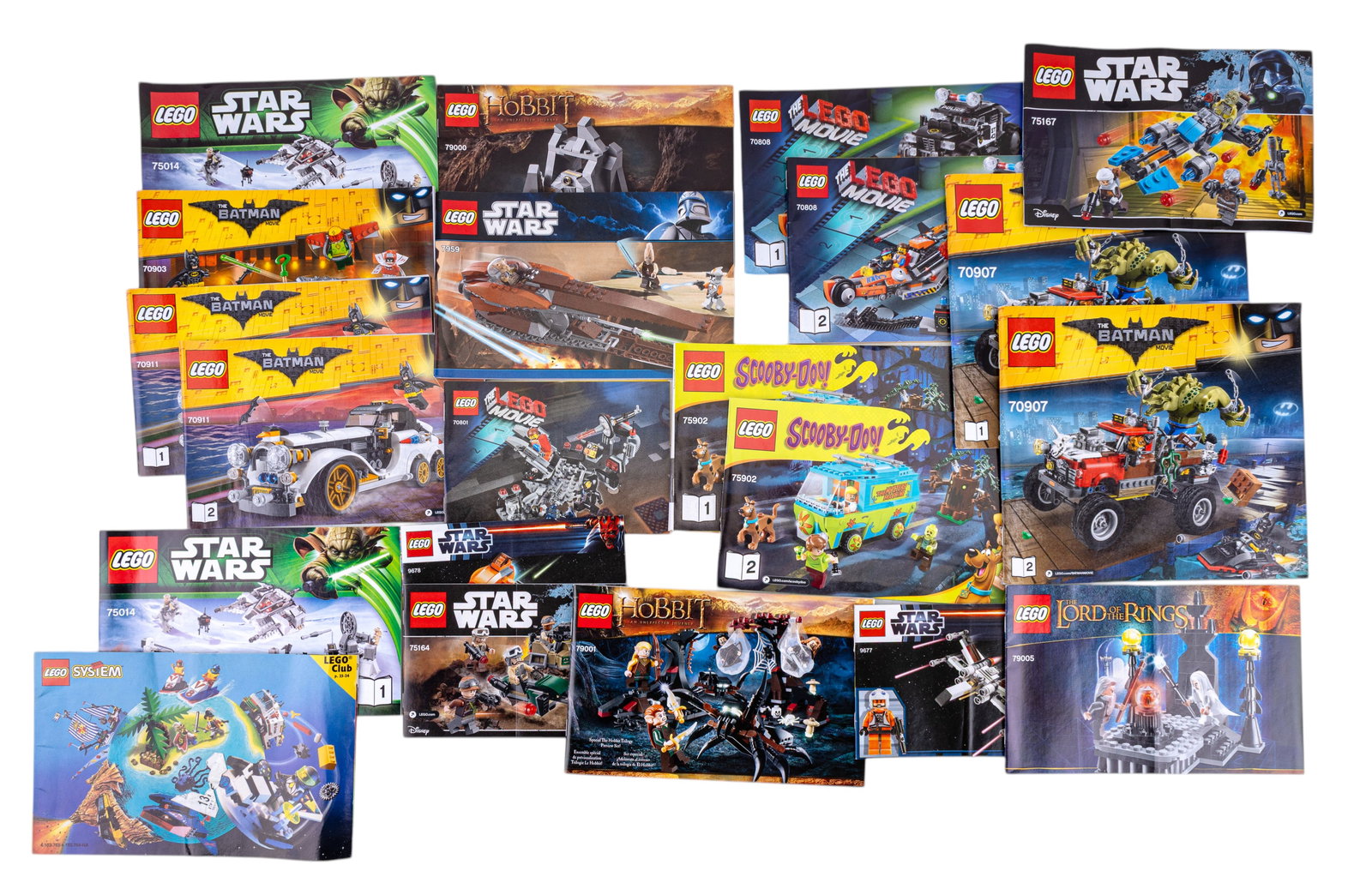 LEGO Instruction Booklets: LEGO instruction booklets featuring various themes, including Star Wars, The Hobbit, Batman, Scooby-Doo, and others. Booklets show designs for vehicles, scenes, and characters from their respective th