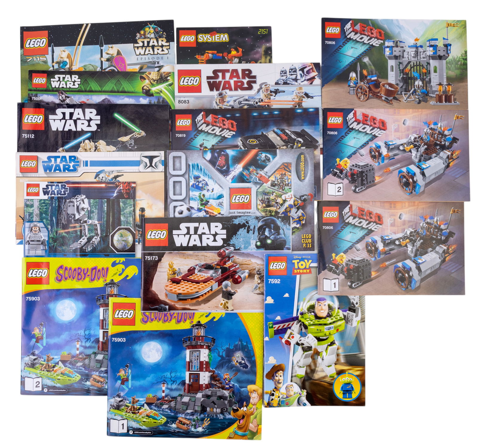 LEGO Instruction Booklets: 17 LEGO instruction booklets from various themes, including LEGO Star Wars, LEGO Toy Story, LEGO Scooby-Doo, LEGO Movie, and others. Features instruction manuals for sets such as Star Wars vehicle mod