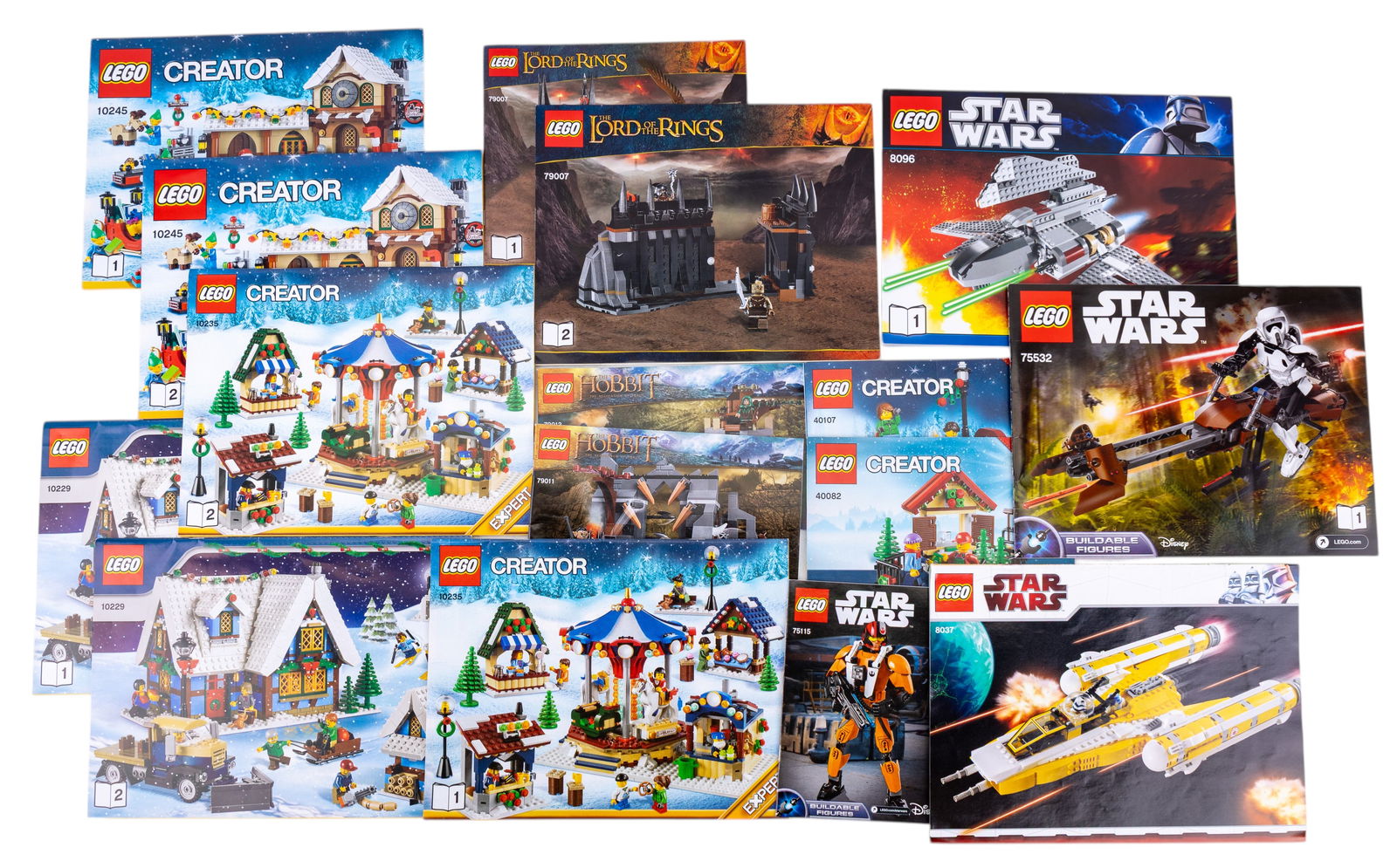 LEGO Instruction Booklets: LEGO instruction booklets from various sets, including themes such as Star Wars, Creator, and Lord of the Rings. Highlights include Creator holiday-themed builds, Star Wars vehicles, and Lord of the R