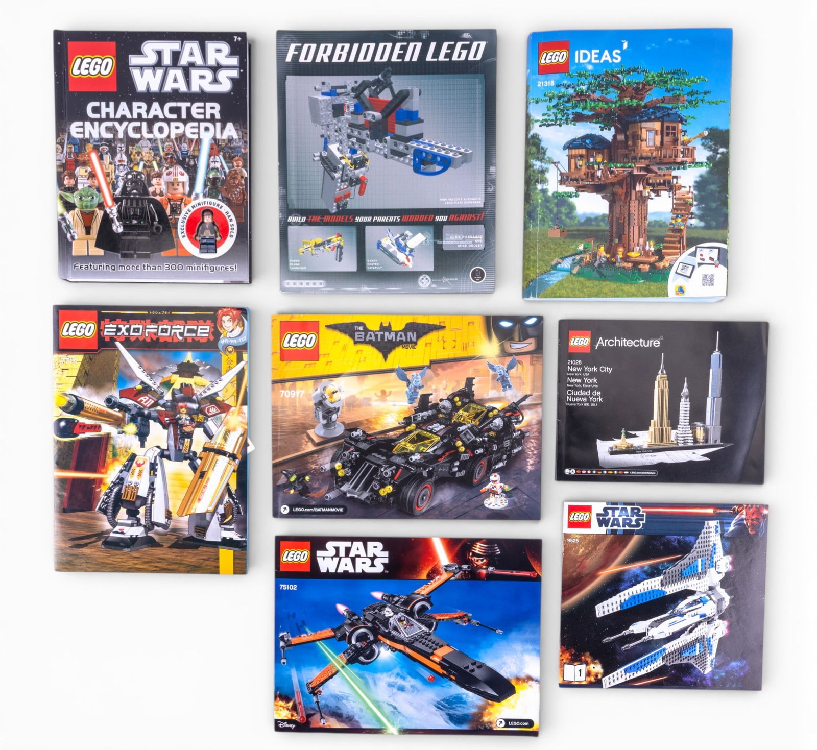LEGO Instruction Booklets and Books: Various LEGO instruction booklets and books. Includes Forbidden LEGO: Build the Models Your Parents Warned You Against!, LEGO Star Wars Character Encyclopedia (featuring an exclusive Han Solo minifigu