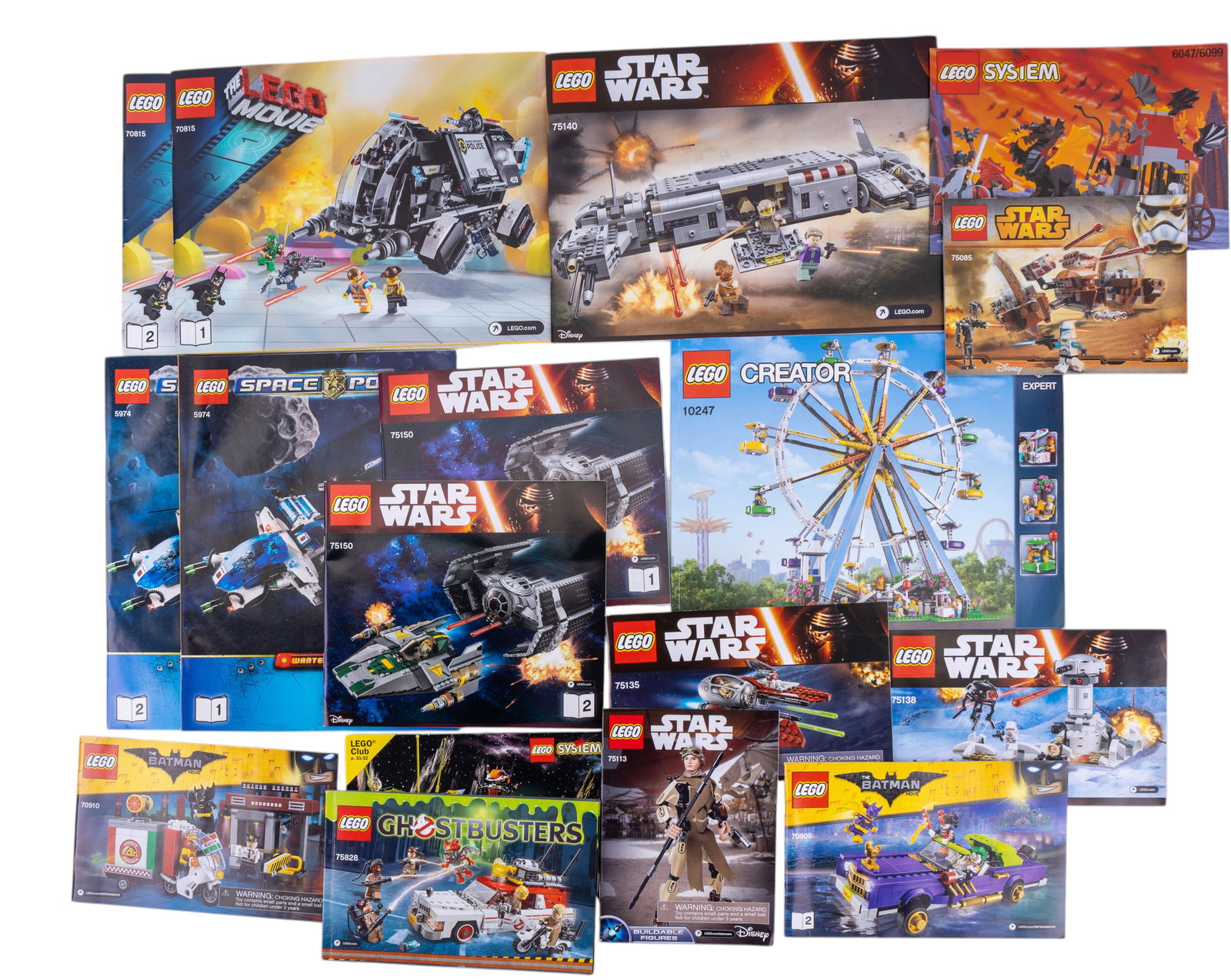 LEGO Instruction Booklets: LEGO instruction booklets, featuring themes including Star Wars, Creator, Ghostbusters, Space Police, and Batman. Highlights include manuals for the LEGO Creator Ferris Wheel (10257), Ghostbusters Ect