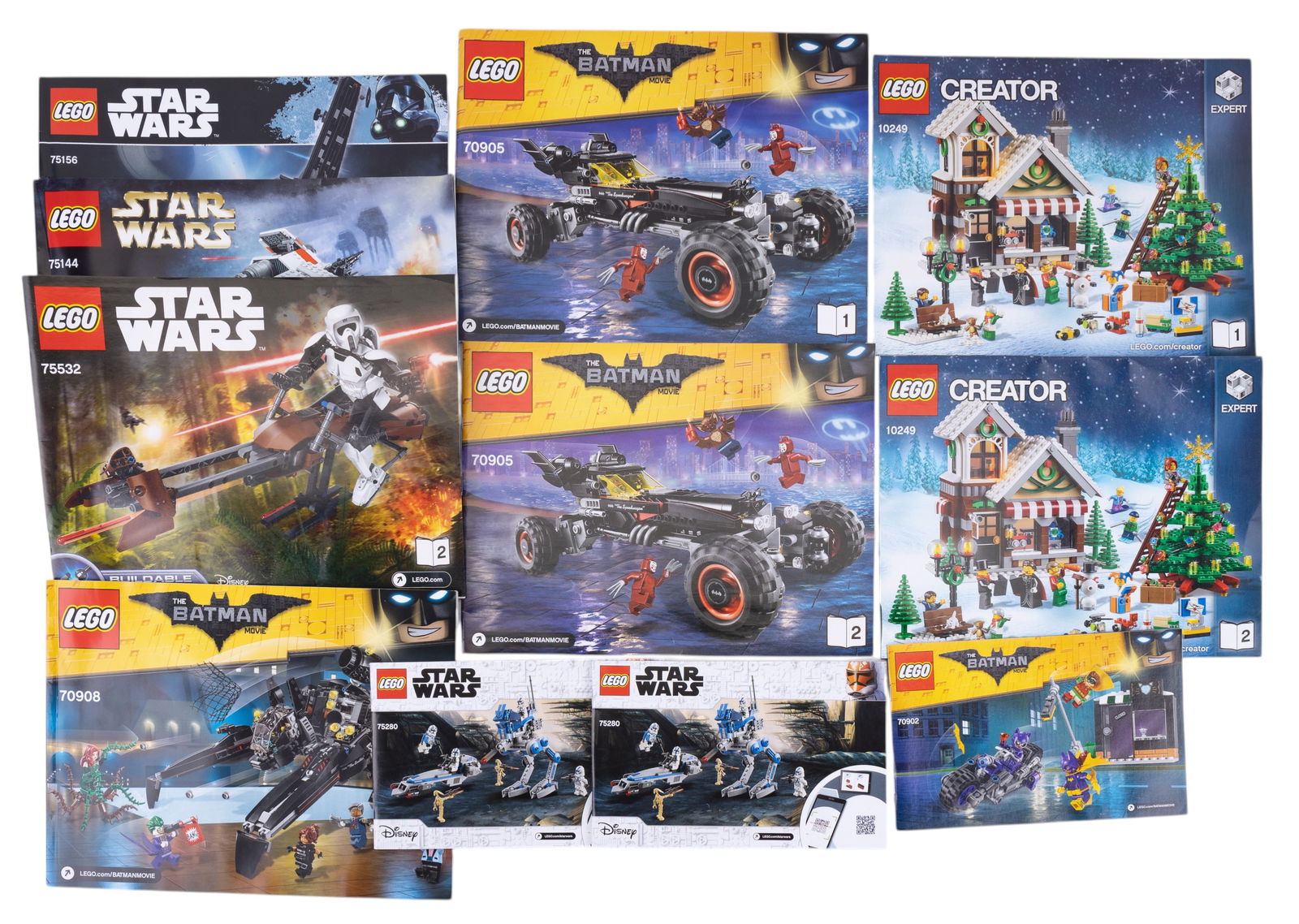 LEGO Instruction Booklets: LEGO instruction booklets featuring themes such as Star Wars, Creator Expert, and Batman. Included are manuals for sets like Star Wars Snowspeeder (75144), Speeder Bike (75532), Creator Expert Winter
