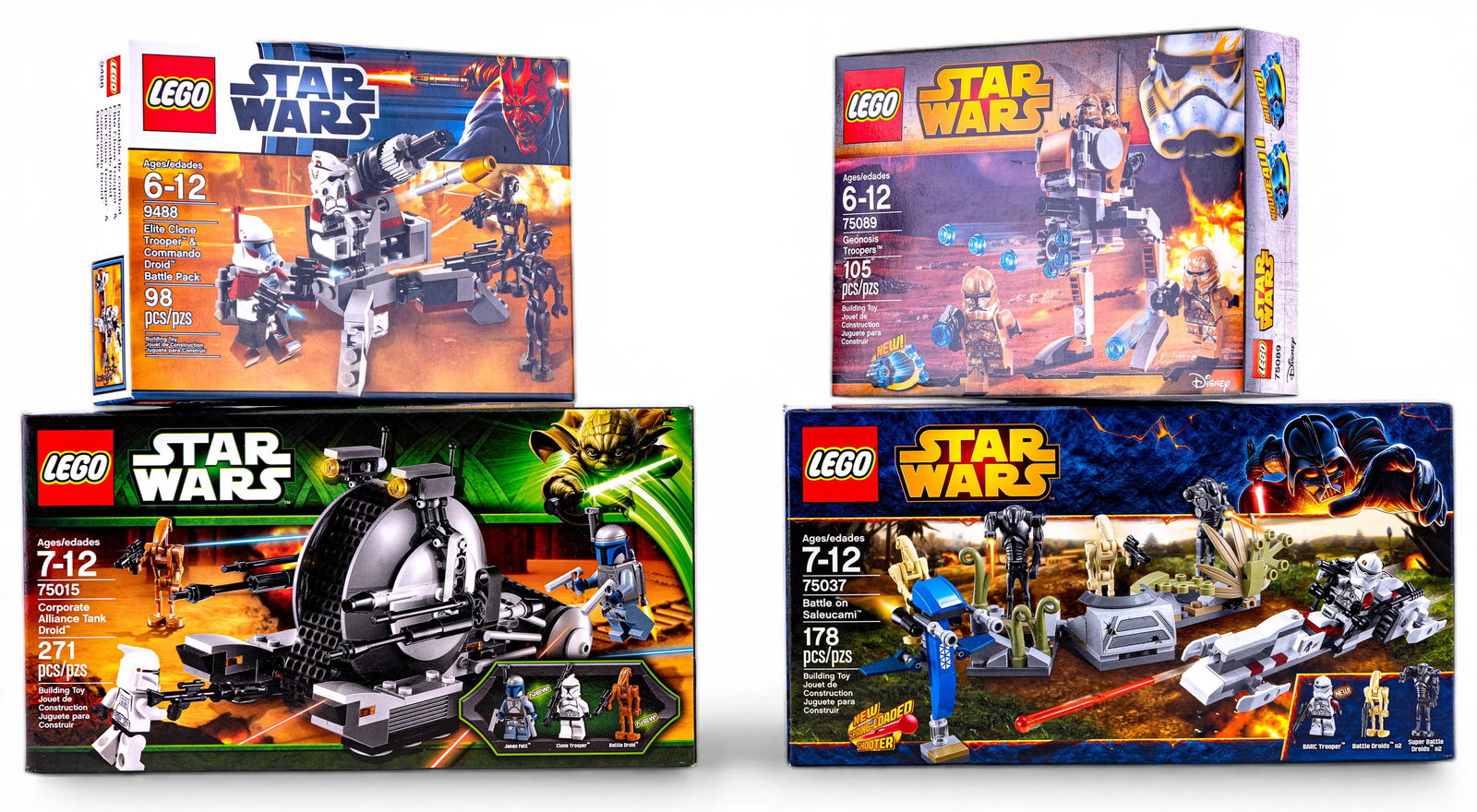 LEGO Star Wars Sets New in Box (4 Total): Four LEGO Star Wars sets, all new in their original sealed boxes, including set 75015 (271 pieces: Corporate Alliance Tank Droid), set 75089 (105 pieces: Geonosis Troopers), set 75001 (91 pieces:
