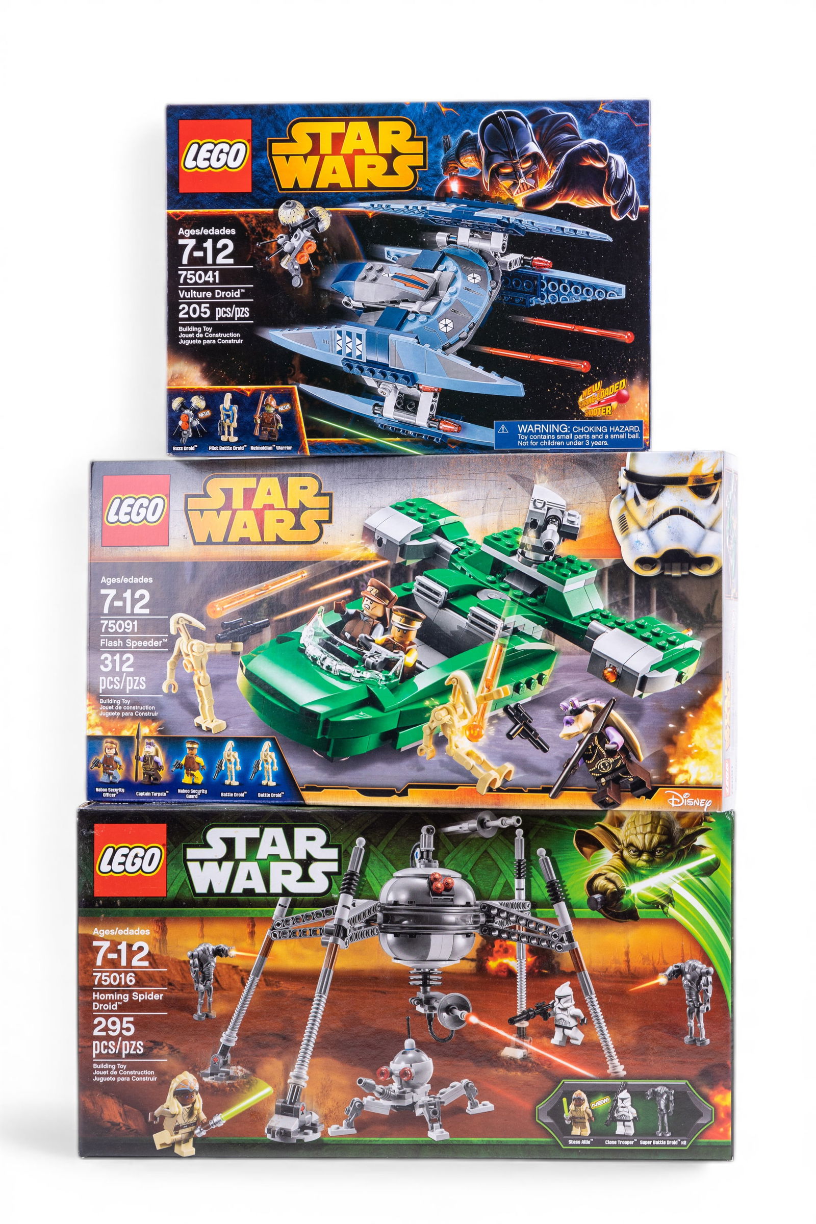 LEGO Star Wars Sets 75091, 75041, 75016, NIB: Three new-in-box LEGO Star Wars sets. Includes set 75091 (Flash Speeder, 312 pieces), set 75041 (Vulture Droid, 205 pieces), and set 75016 (Homing Spider Droid, 295 pieces). Original factory seals int