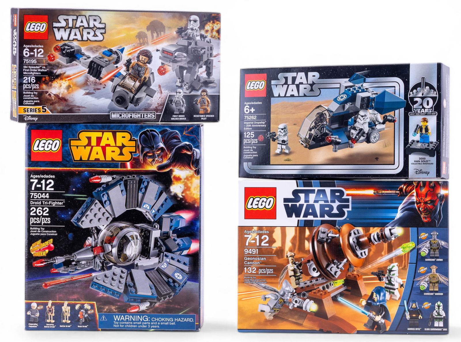 4 New LEGO Star Wars Boxed Sets: Four new LEGO Star Wars sets, each in unopened, original boxes. Includes set 75044 (Droid Tri-Fighter, 262 pcs, age 7-12), set 75195 (Ski Speeder vs. First Order Walker Microfighters, 216 pcs, age 6-1