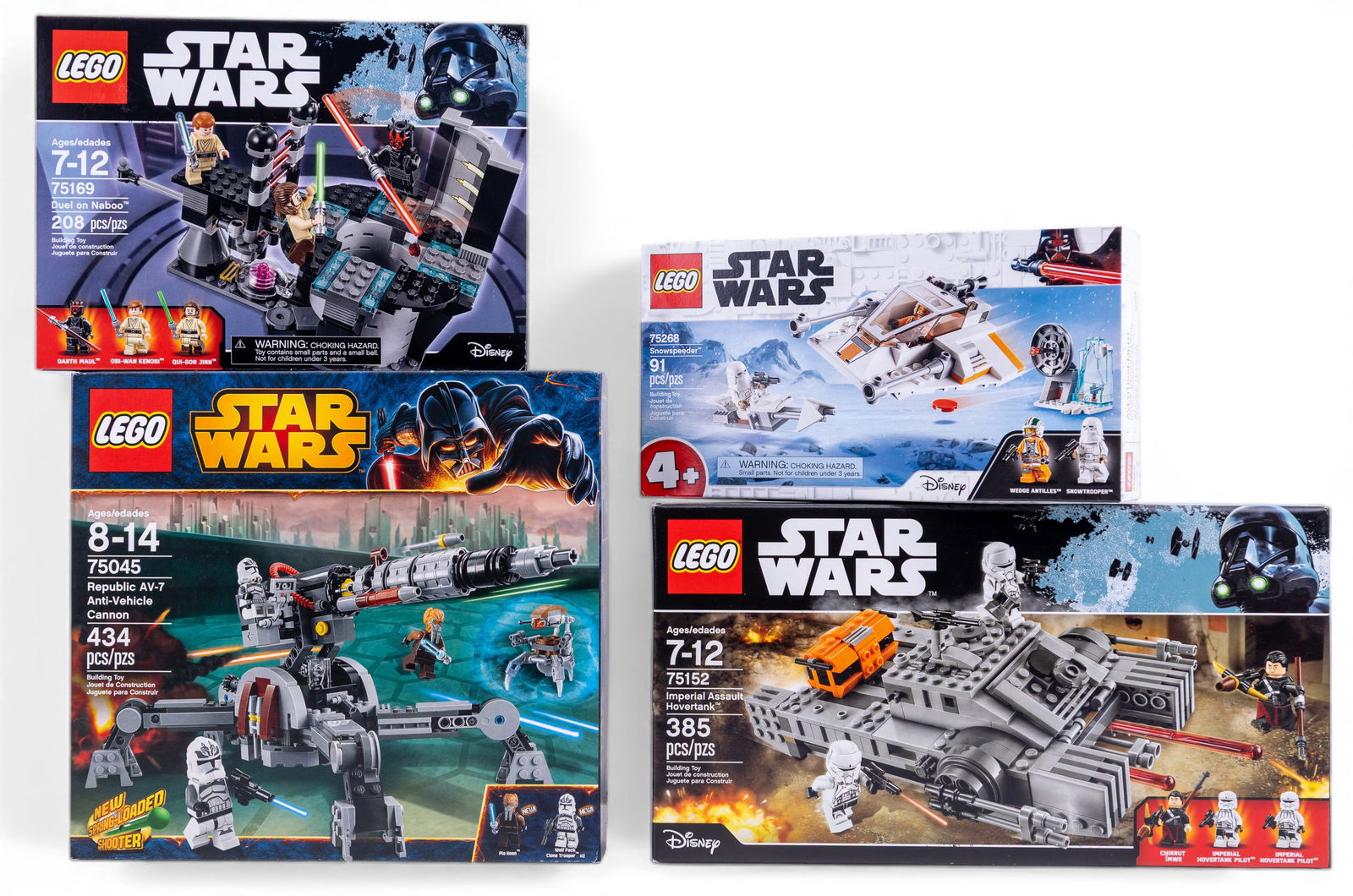 Four LEGO Star Wars Sets, New in Box: Four new LEGO Star Wars sets, each factory sealed. Includes sets: Republic AV-7 Anti-Vehicle Cannon (#75045, 434 pieces), Duel on Naboo (#75169, 208 pieces), Snowspeeder Microfighter (#75268, 91