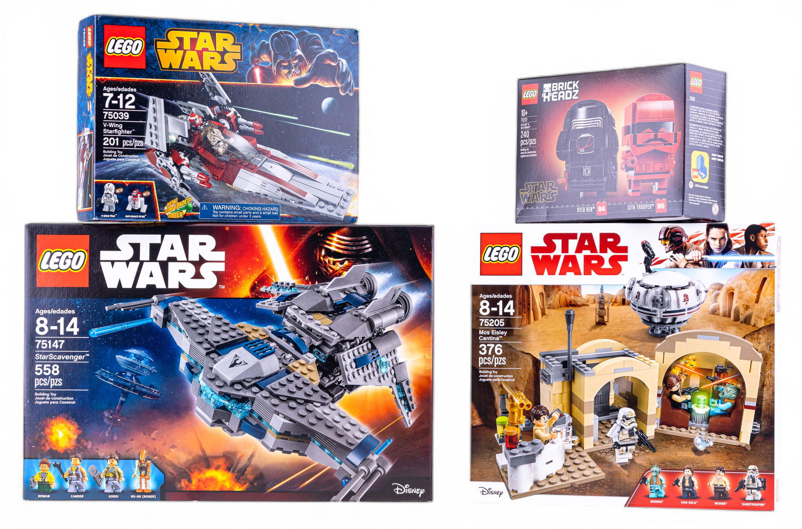 Four LEGO Star Wars Sets Featuring Various Scenes: Four LEGO Star Wars sets, including: 75232 BrickHeadz 'Kylo Ren & Sith Trooper' (240 pieces); 75039 V-Wing Starfighter (201 pieces); 75205 Mos Eisley Cantina (376 pieces); and 75174 Desert Skiff