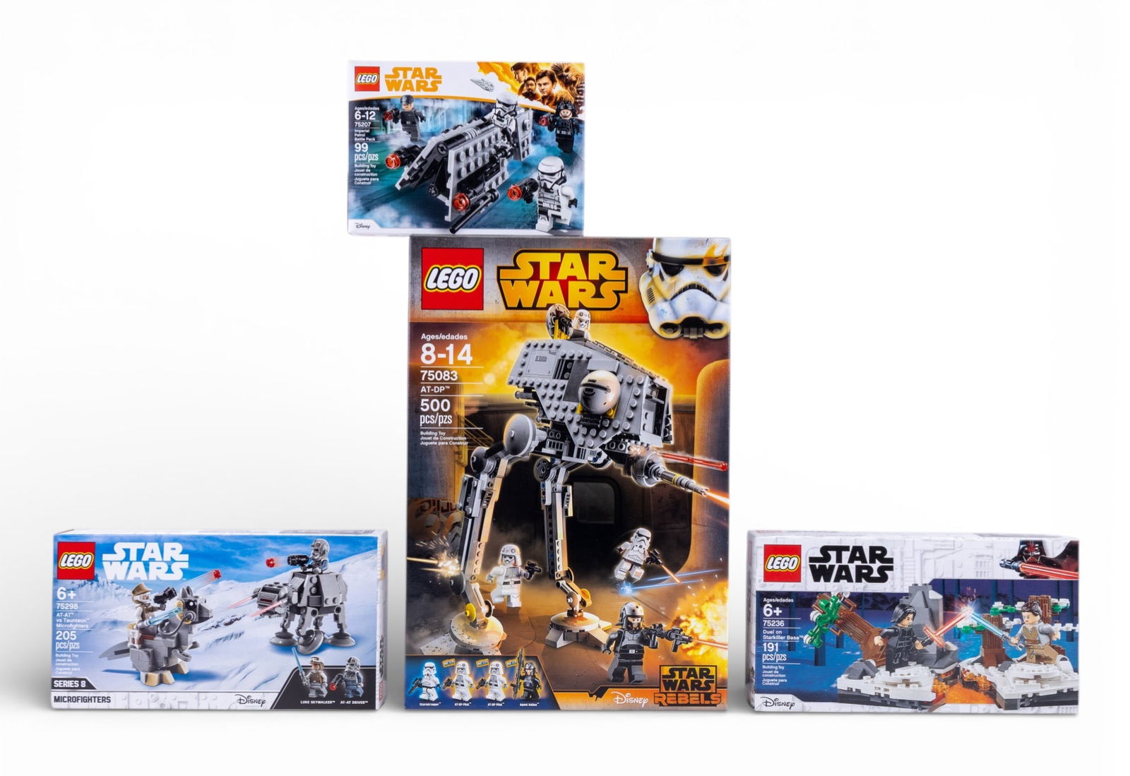 LEGO Star Wars Sets, 4 New in Box: 4 new and sealed LEGO Star Wars sets, ranging in size and complexity. Includes set numbers 75298, 75207, and 75083, among others. Set features include iconic Star Wars vehicles, minifigures, and acces