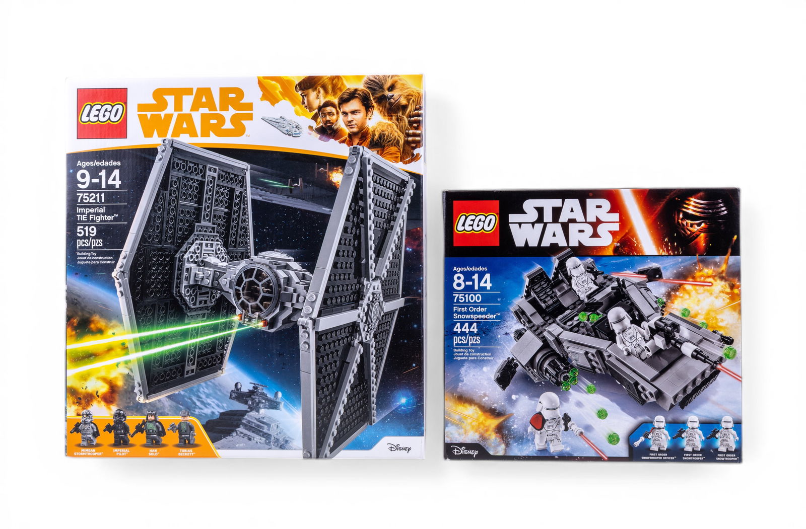 LEGO Star Wars Sets 75211 & 75100 - New in Box: Two new-in-box LEGO Star Wars construction sets, including '75211 Imperial TIE Fighter' (519 pieces, ages 9-14) and '75100 First Order Snowspeeder' (444 pieces, ages 8-14). Both sets are sealed and