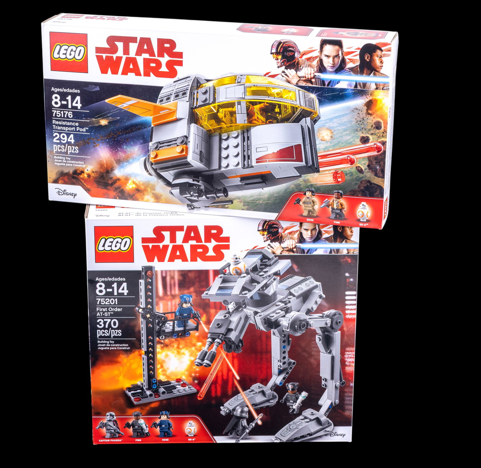 LEGO Star Wars Sets: 75201 and 75176, New in Box: Two LEGO Star Wars sets, both new and sealed in their original packaging. Set 75201, 'First Order AT-ST,' features 370 pieces for constructing a walker figure. Set 75176, 'Resistance Transport Pod,' i