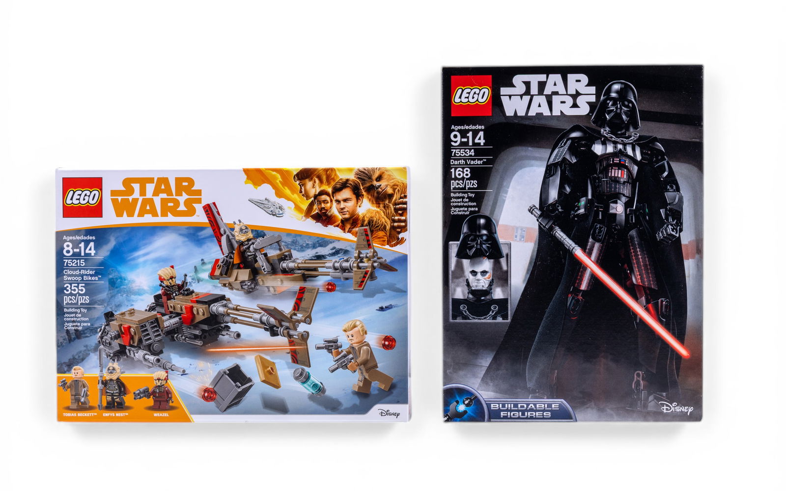 LEGO Star Wars Sets 75215 and 75534, New in Box: Includes two LEGO Star Wars sets: 75215 Cloud-Rider Swoop Bikes with 355 pieces and 75534 Darth Vader Buildable Figure with 168 pieces. Both sets are new in their original sealed boxes. Packaging