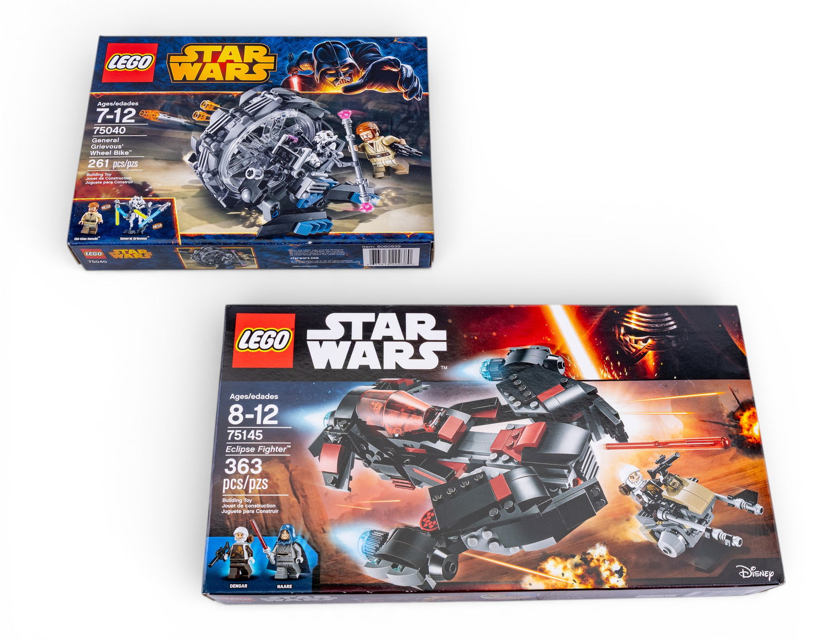 LEGO Star Wars Sets 75040 and 75145, New in Box: Two LEGO Star Wars sets, both new in box. Includes set 75040, General Grievous' Wheel Bike (261 pieces, ages 7-12), and set 75145, Eclipse Fighter (363 pieces, ages 8-12). Both boxes appear unopened a