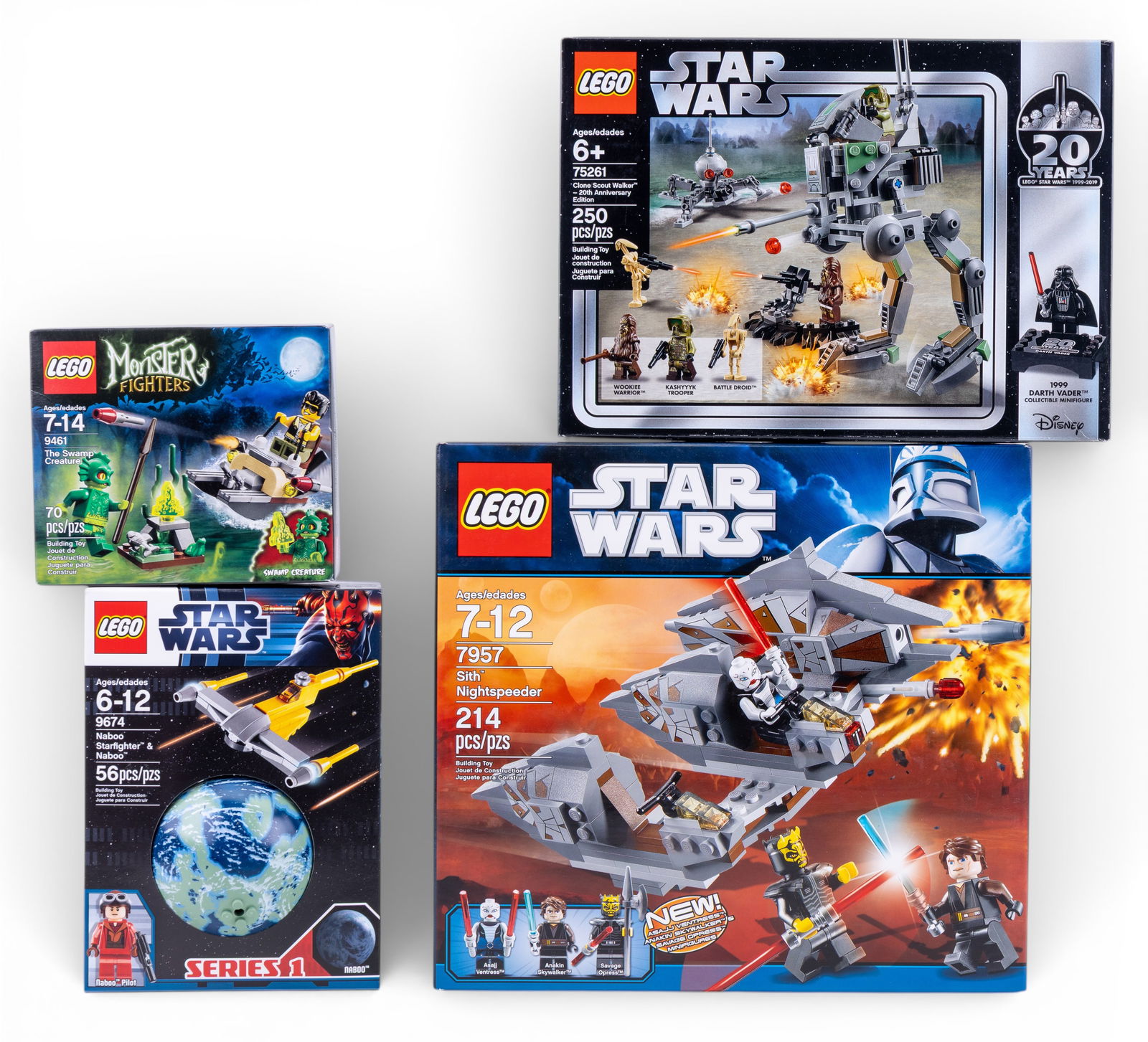 LEGO Star Wars and Monster Fighters Sets, NIB: Four different sealed LEGO sets, including Star Wars sets 75261 (Clone Scout Walker - 20th Anniversary Edition, 250 pieces), 7957 (Sith Nightspeeder, 214 pieces), 9674 (Naboo Starfighter & Naboo from