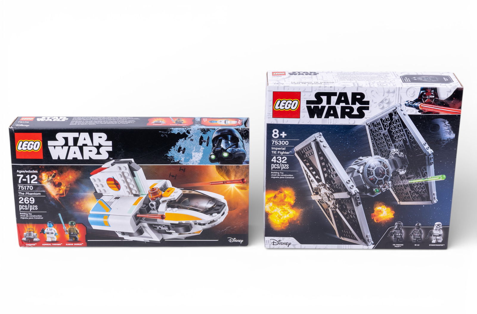 LEGO Star Wars Sets 75170 and 75300, NIB: Two LEGO Star Wars sets, both new in original boxes (NIB). Set 75170, The Phantom, includes 269 pieces with minifigures Chopper, Admiral Thrawn, and Kanan Jarrus. Set 75300, Imperial TIE Fighter,