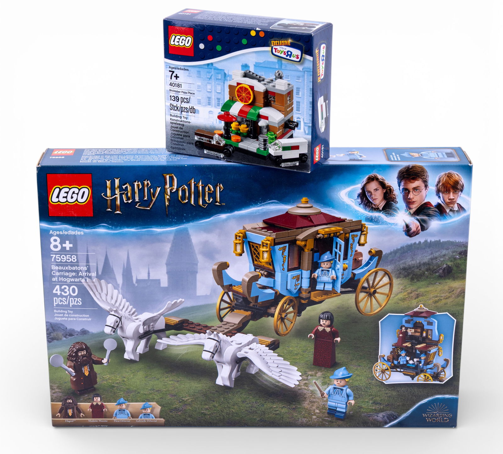 LEGO Sets: Harry Potter Carriage & Holiday Scene: Two new in box LEGO sets: 'Harry Potter Beauxbatons' Carriage: Arrival at Hogwarts' (#75958), featuring 430 pieces and designed for ages 8+, and '2018 Toys R Us LEGO Holiday Scene Set' (#40263),