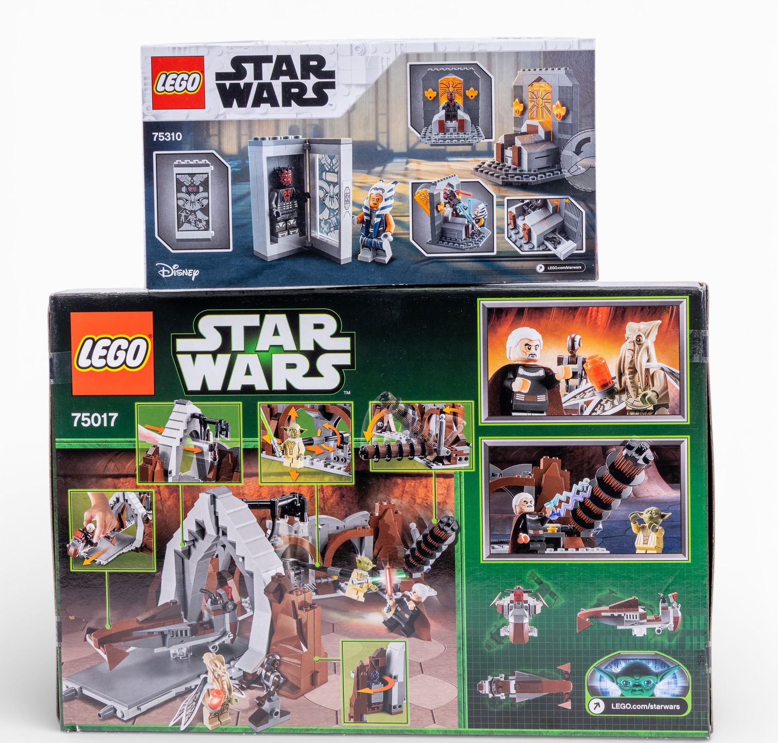 LEGO Star Wars 75017 and 75310 New in Box: Two new in box LEGO Star Wars sets: 75017 'Duel on Geonosis' with 391 pieces, featuring Yoda and Count Dooku minifigures; and 75310 'Duel on Mandalore' with 147 pieces, including Ahsoka Tano and