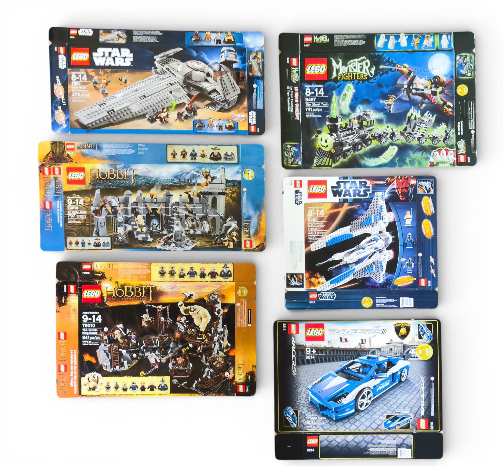 Six Flattened LEGO Set Boxes: Six flattened LEGO set boxes, no LEGO pieces included. Includes boxes for LEGO sets 79010 (The Hobbit: Dol Guldur Battle), 7961 (Star Wars: Darth Maul's Sith Infiltrator), 9467 (Monster Fighters: The