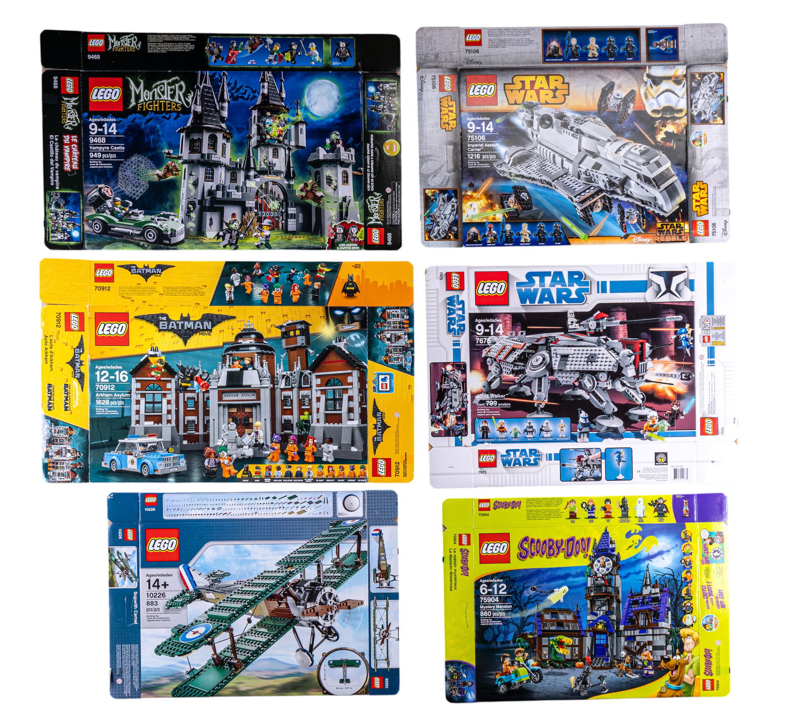 6 Flattened LEGO Set Boxes: Six flattened LEGO boxes without contents. Includes boxes for sets: Batman Arkham Asylum (10937), Monster Fighters Vampire Castle (9468), Scooby-Doo Mystery Mansion (75904), Sopwith Camel (10226),