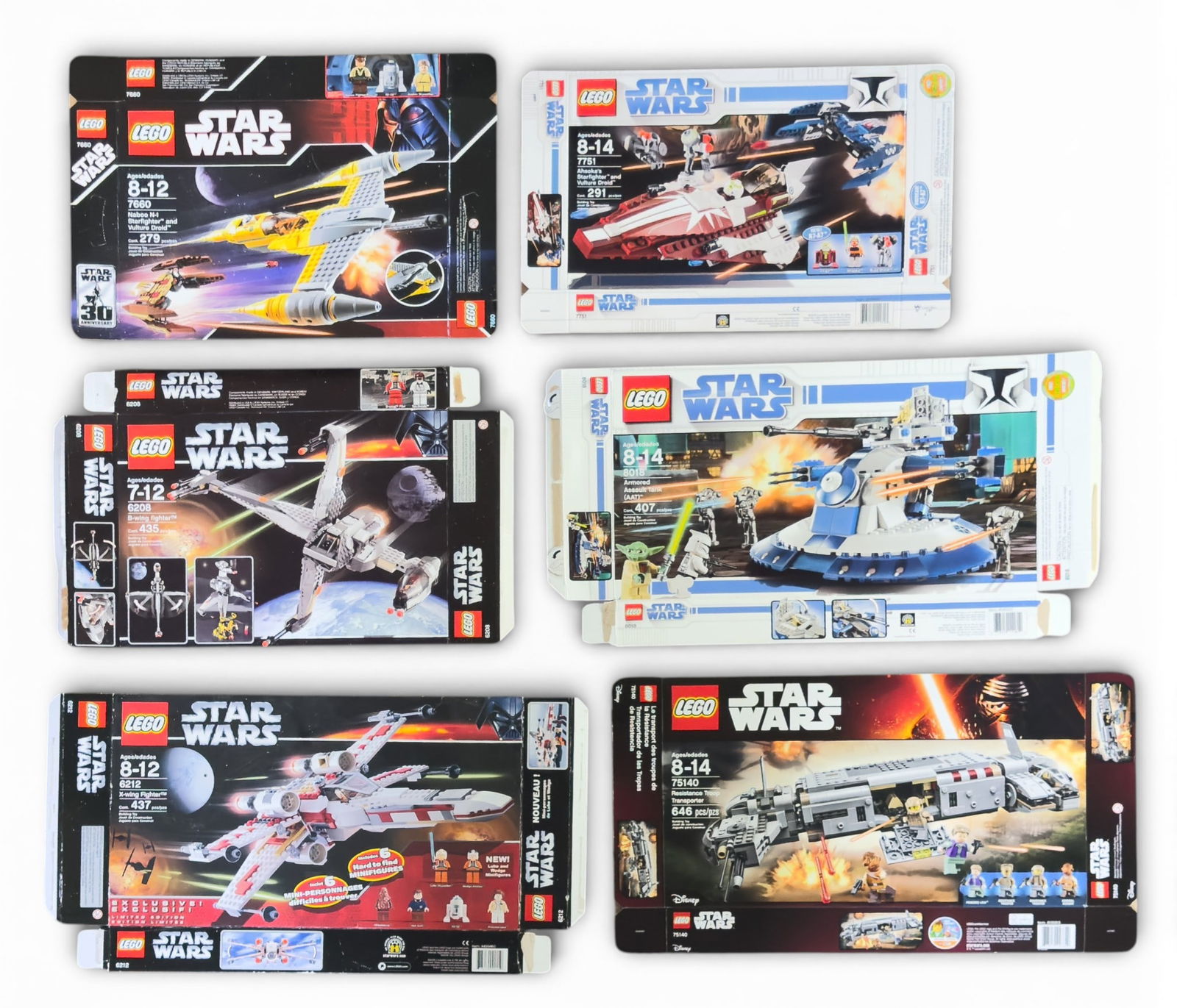 6 LEGO Star Wars Empty Boxes: Lot comprises six empty LEGO Star Wars original packaging boxes: 75049 Snowspeeder, 6212 X-Wing Fighter, 8018 Armored Assault Tank (AAT), 6208 B-Wing Fighter, 7751 Ahsoka's Starfighter and Vulture Dro
