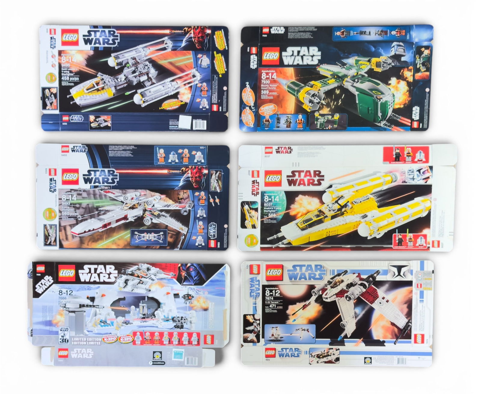 6 LEGO Star Wars Flat Boxes: 6 flat LEGO Star Wars boxes: 7674 V-19 Torrent, 7666 Hoth Rebel Base (Limited Edition), 8037 Anakin's Y-wing Starfighter, 9493 X-wing Starfighter, 7930 Bounty Hunter Assault Gunship, and 9495 Gold