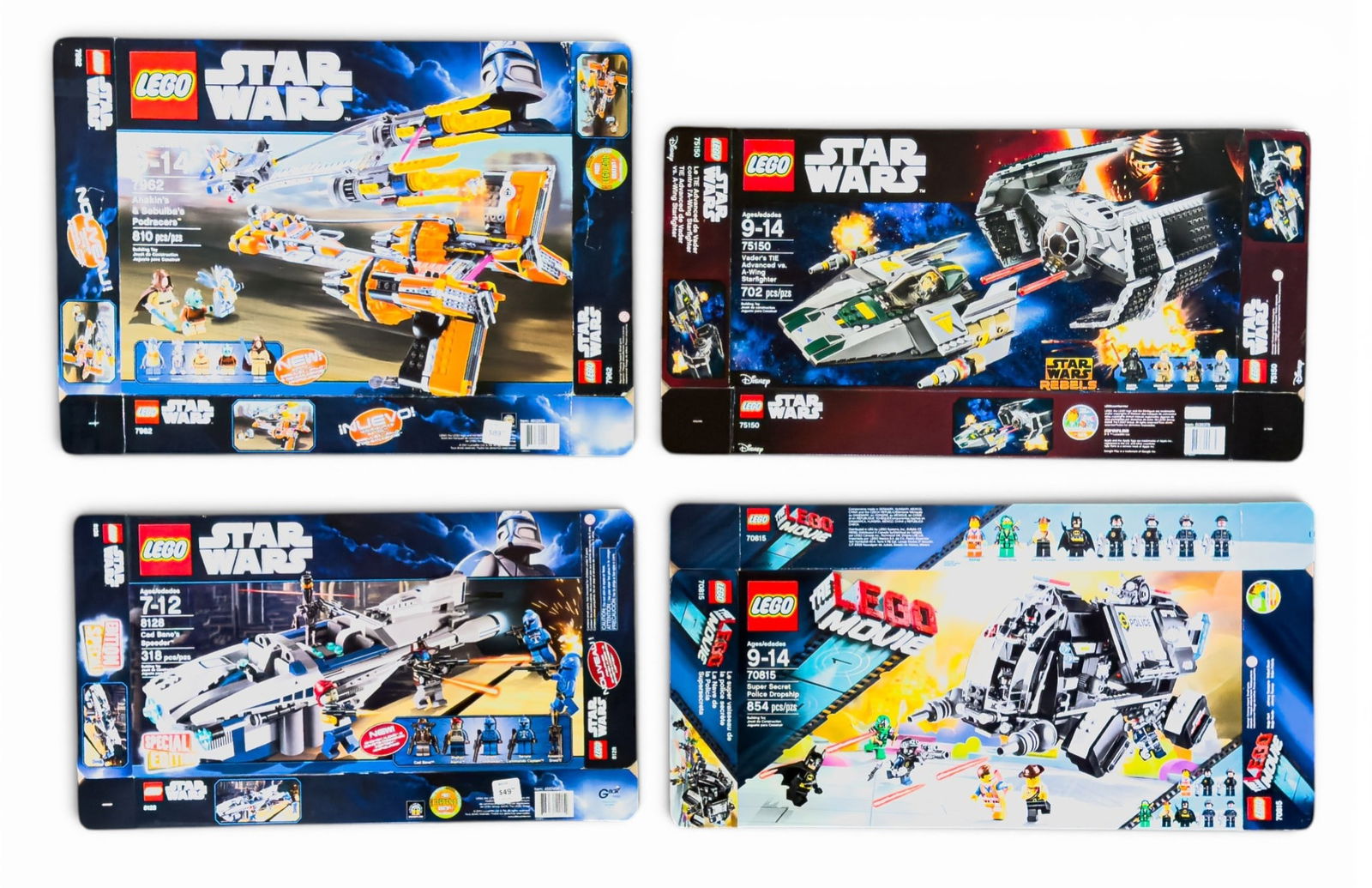 4 Lego Star Wars Flat Boxes: 4 empty LEGO boxes, including sets 8128, 75150, 70816, and 7962. Boxes feature themes such as Star Wars and The LEGO Movie, showcasing characters and detailed sets. No LEGO pieces are included