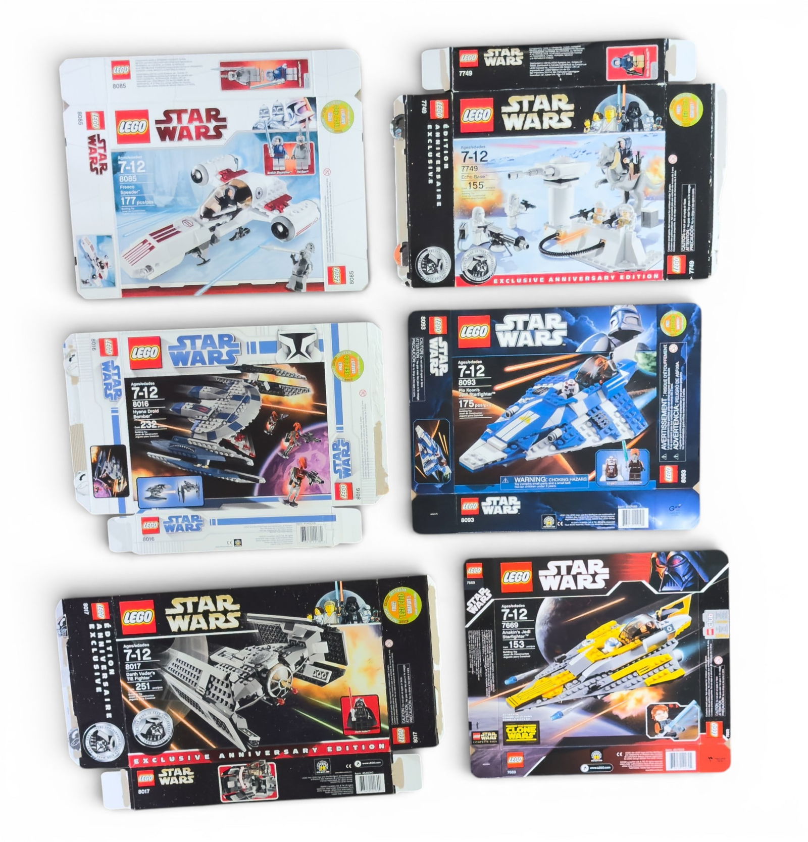 6 Lego Star Wars Box Flats: Six empty Lego Star Wars box flats. Includes box designs for sets #8017 Darth Vader's TIE Fighter, #8093 Plo Koon's Jedi Starfighter, #8016 Hyena Droid Bomber, #7669 Anakin's Jedi Starfighter, #7749 E