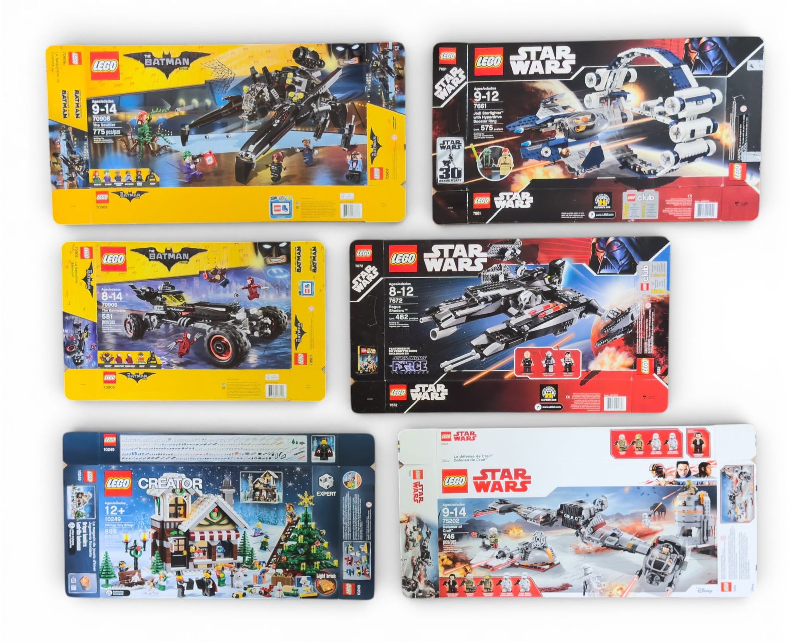 6 LEGO Set Flat Boxes Only: Includes six flattened LEGO set boxes: Star Wars - 75220, 7672, and 7661; Creator Expert - 10249; The Batman Movie - 70905 and 70908. Flat boxes only; no LEGO pieces or additional items included.