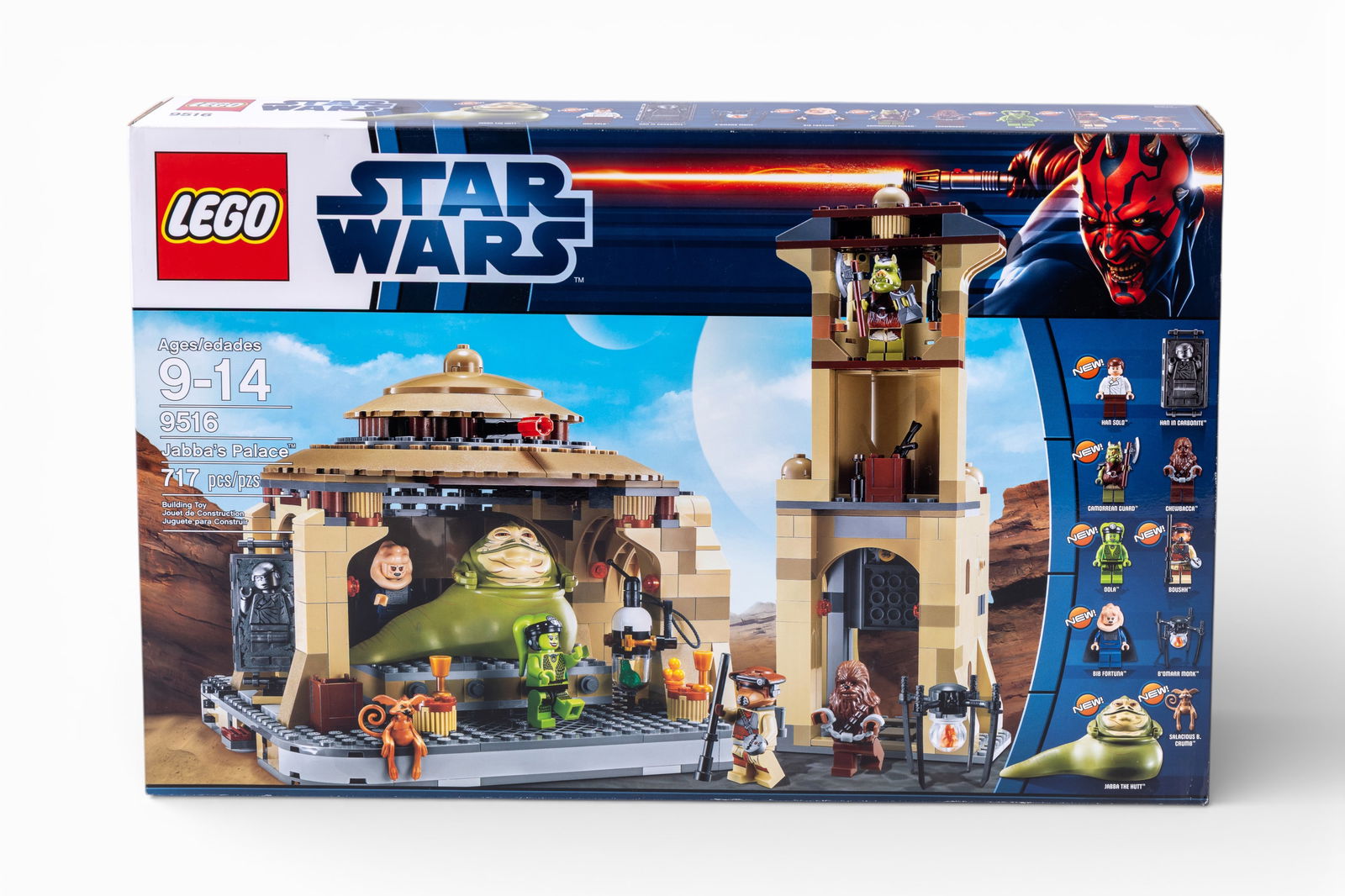 LEGO Star Wars Jabba's Palace Set (9506): LEGO Star Wars Jabba's Palace, set number 9506, new in the original unopened box. The set is recommended for ages 9-14 and includes minifigures of iconic Star Wars characters.