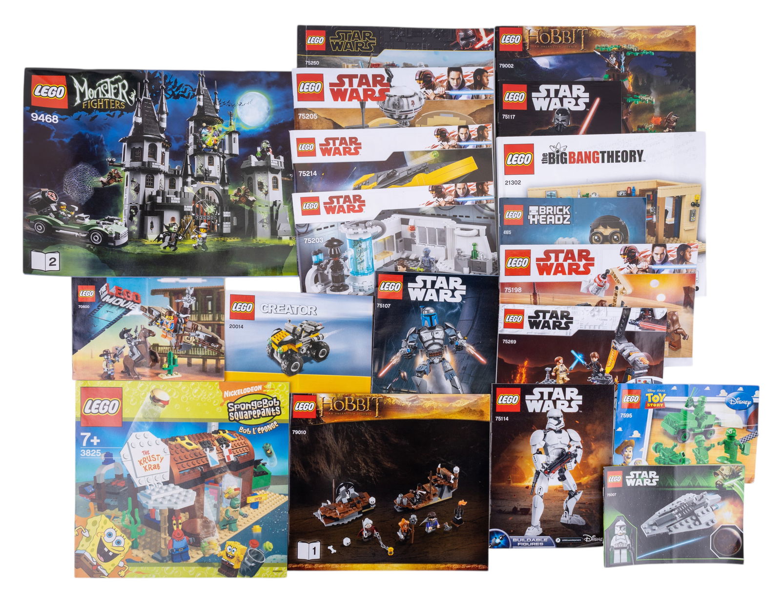LEGO Instruction Booklets: LEGO instruction booklets featuring various themes, including Star Wars, The Big Bang Theory, The Lord of the Rings, Monster Fighters, and Creator sets. The booklets cover sets such as Star Wars