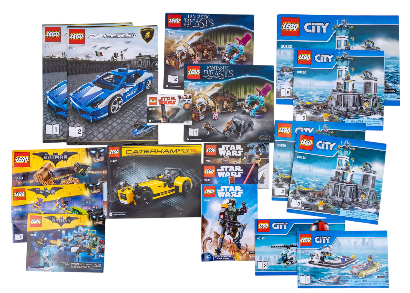 LEGO Instruction Booklets Assorted Themes: LEGO instruction booklets from various themes, including City, Star Wars, Batman, Technic, and Fantastic Beasts. Features multiple booklets for different sets, including assembly steps and visual