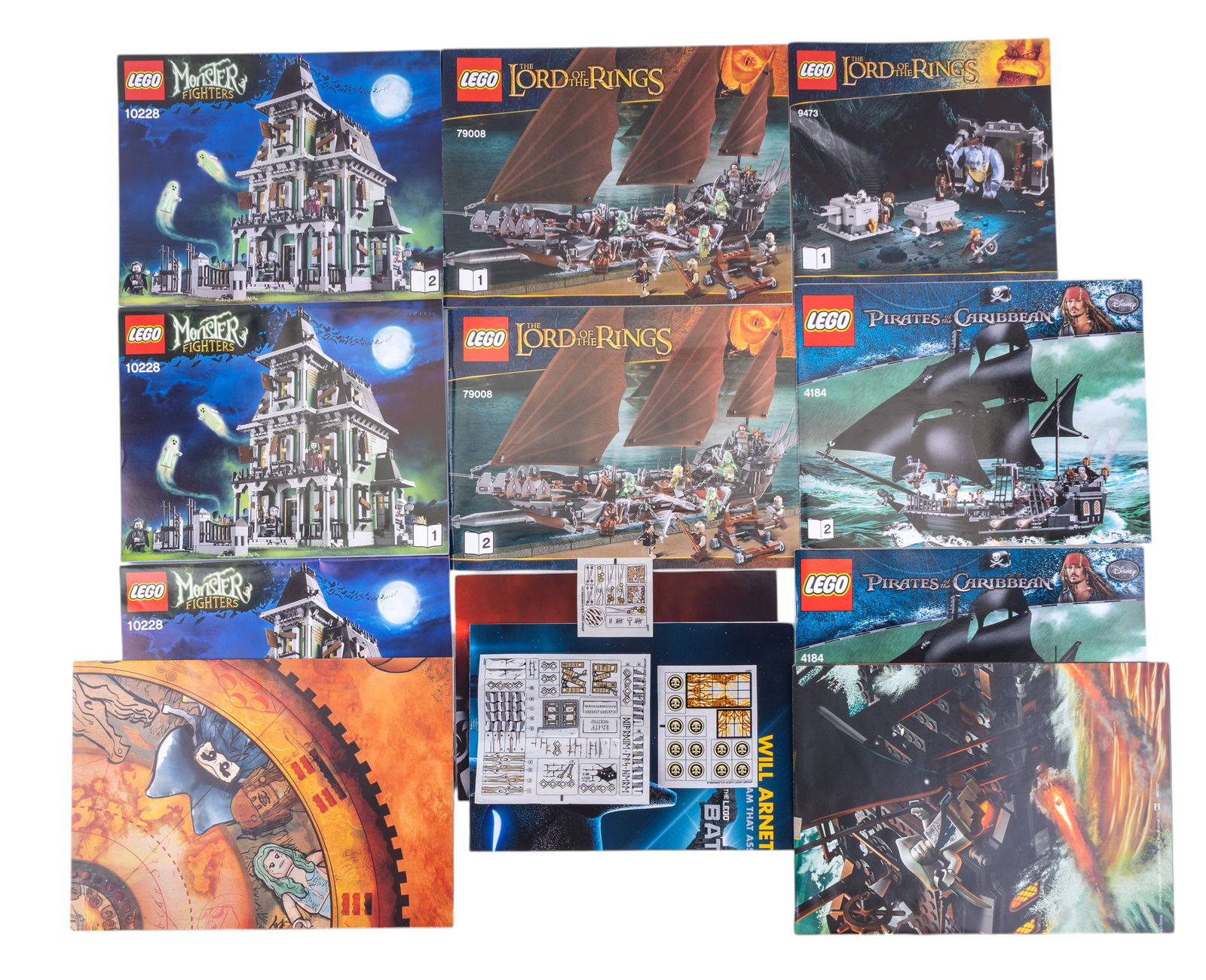 LEGO Instruction Booklets and Posters: Group lot including instruction booklets for LEGO sets: Pirates of the Caribbean set 4184 (2 booklets), Lord of the Rings sets 9473 (1 booklet) and 79008 (2 booklets), and Monster Fighters set 10228