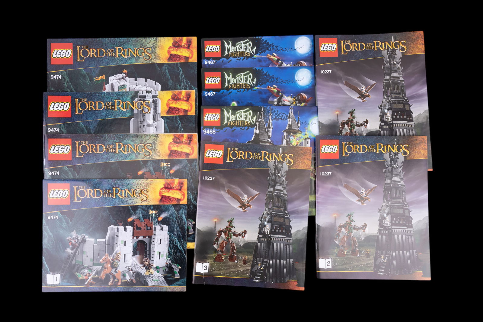Lego Booklets / Manuals for LOTR + Monster Fighter: Lego instruction booklets for sets from the Lord of the Rings and Monster Fighters series. Includes manuals for sets 9474, 10237, and 9468. Each set features multiple booklets, labeled sequentially,